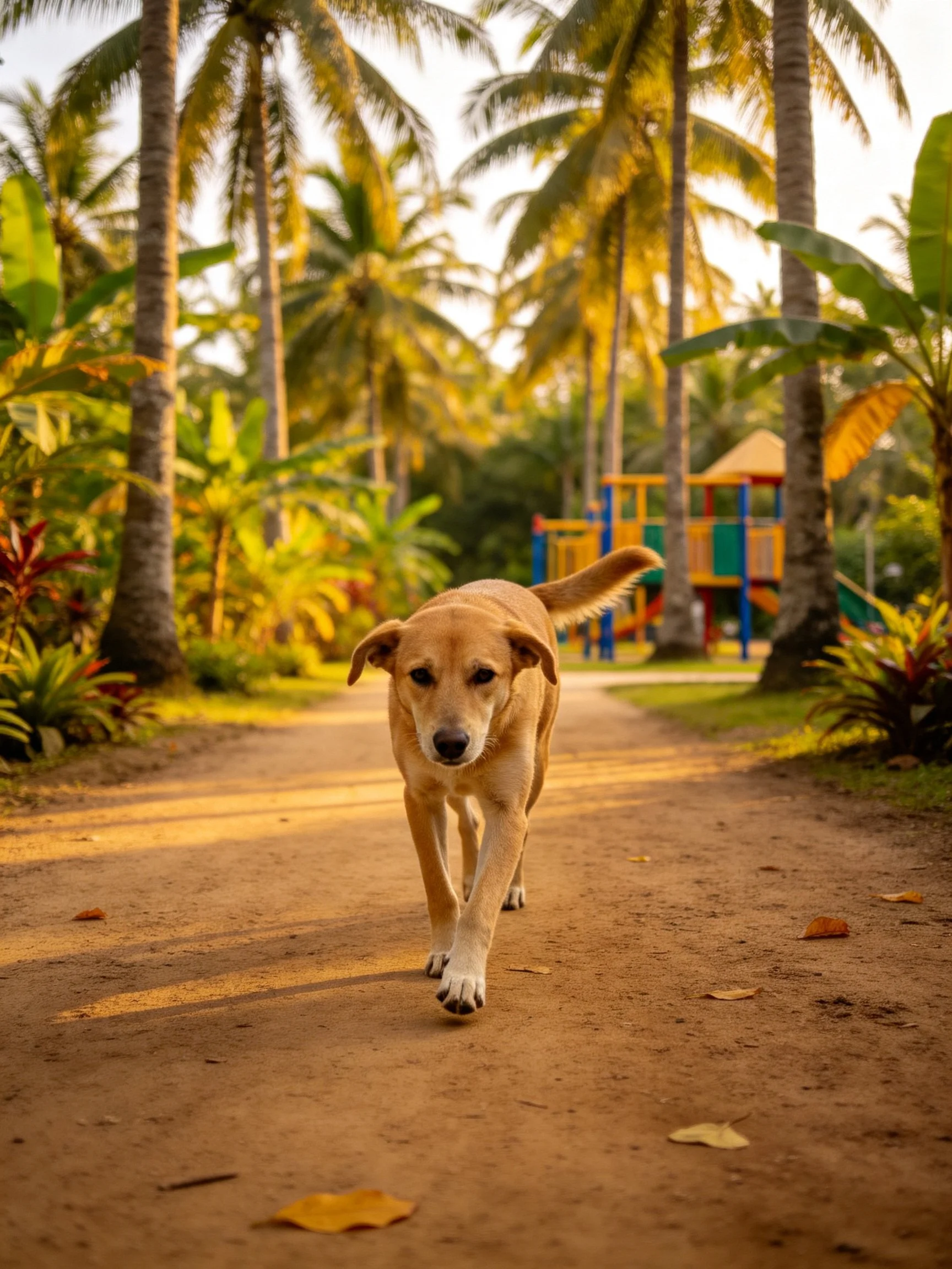 A tan dog walks along a sunlit dirt path near palm trees and a colorful playground