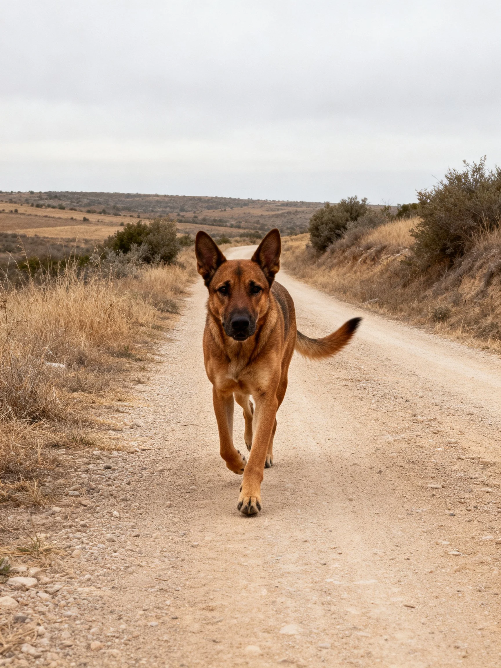 A tan dog walks down a dusty rural dirt road