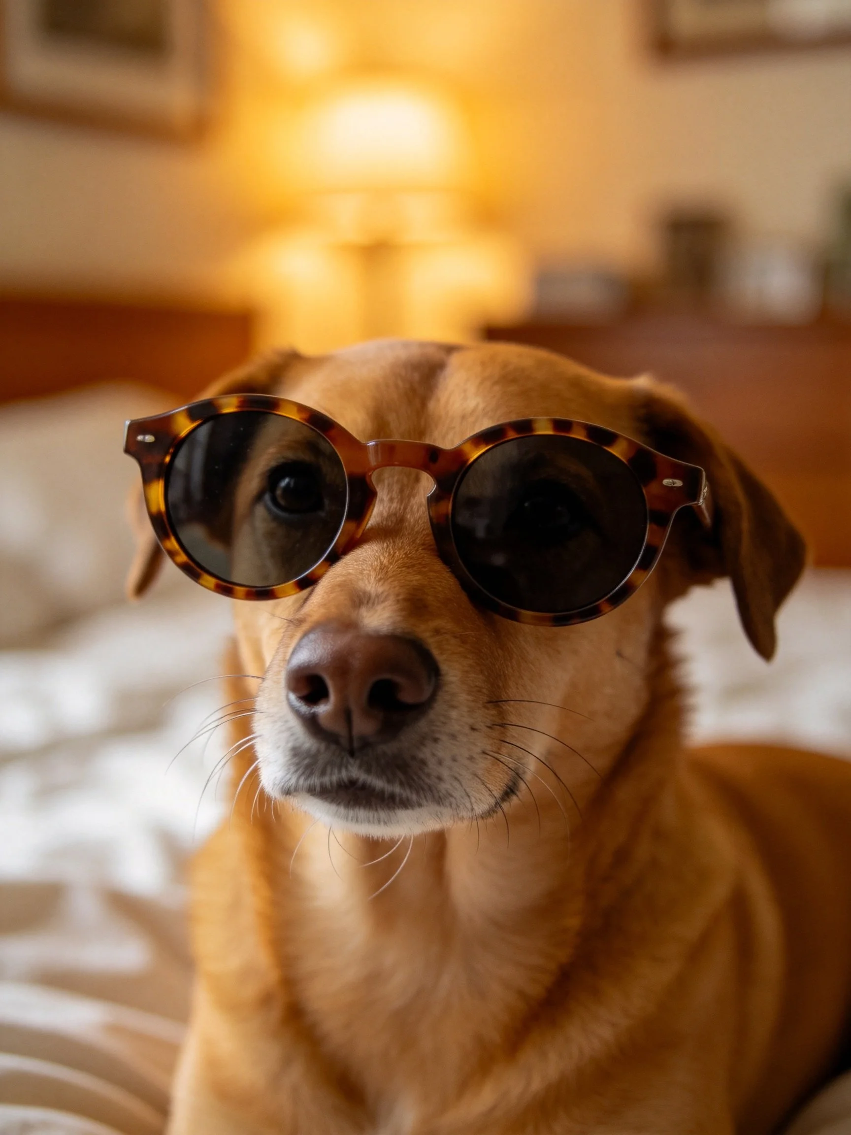 A tan dog wears tortoiseshell sunglasses while resting on a bed.