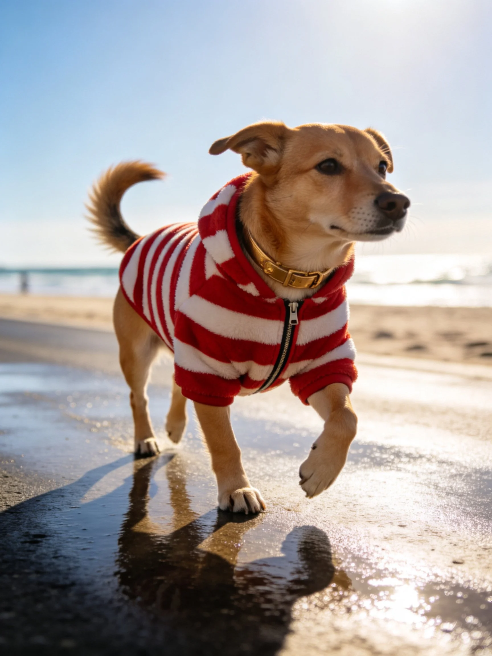 A tan dog wears a red-and-white striped hoodie on a wet beach path