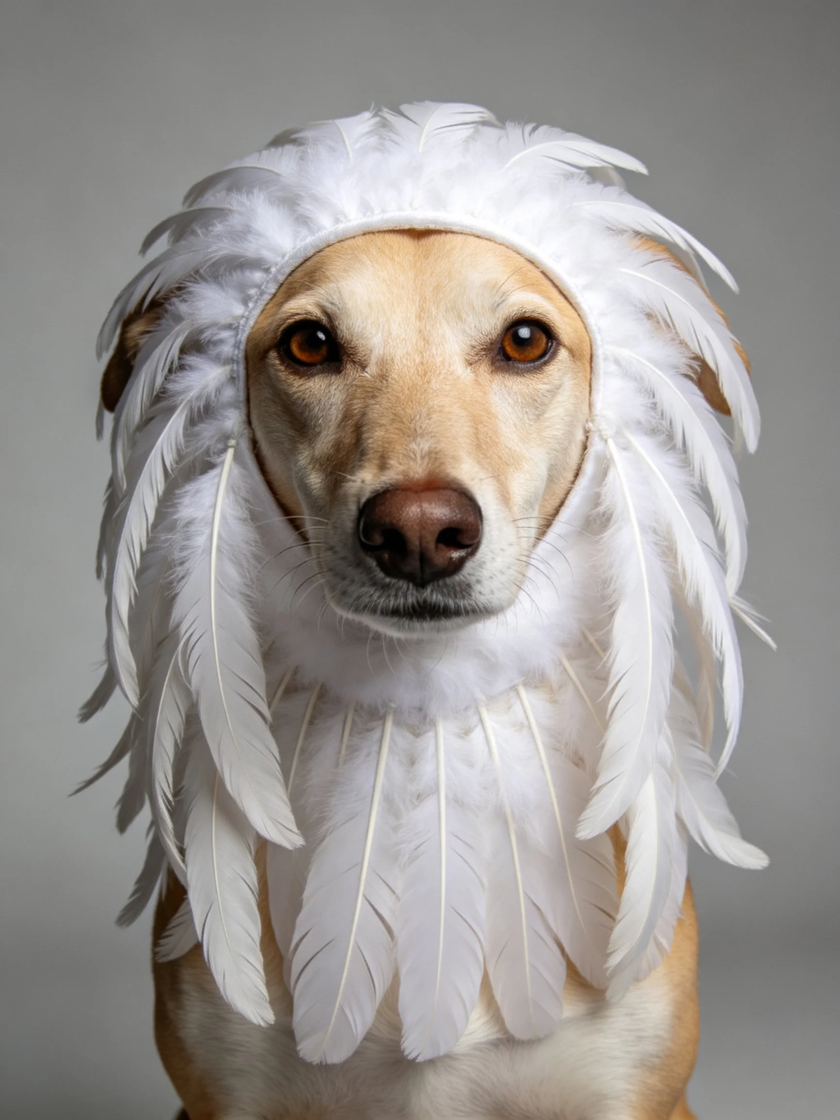 A tan dog wears an elaborate white feather headdress