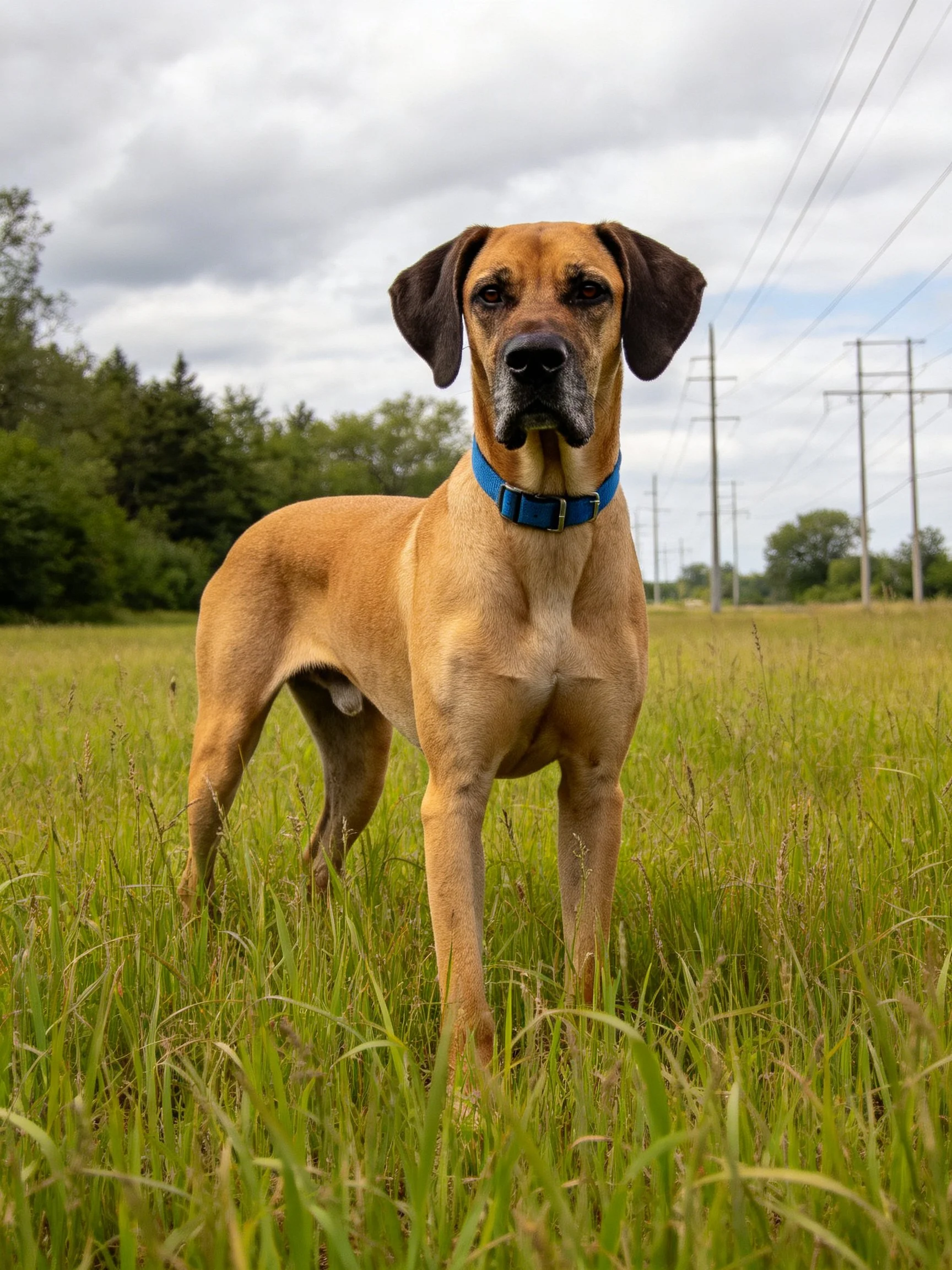 A tan dog with a blue collar stands in a field of tall green grass.