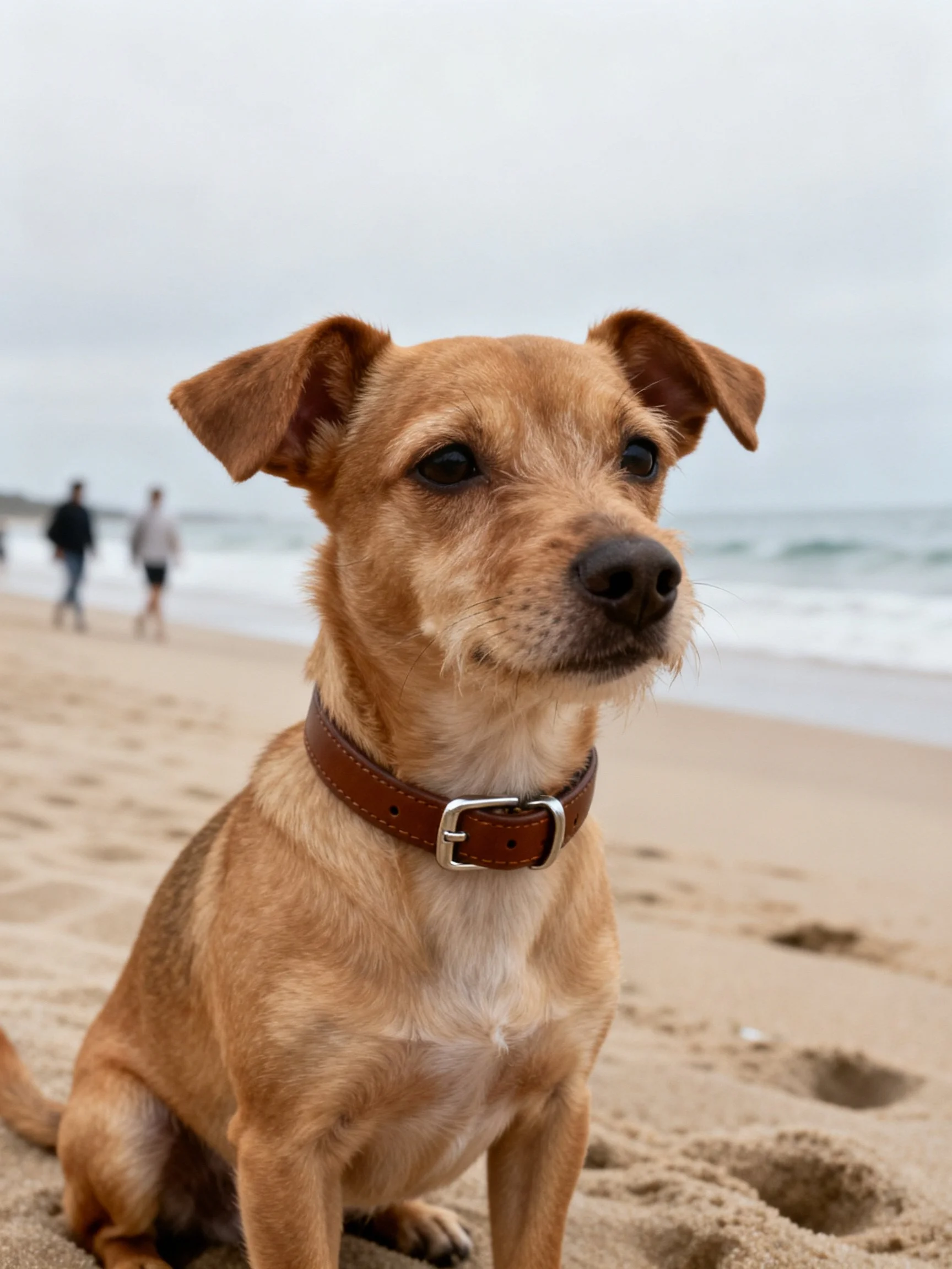 A tan dog with a brown collar sitting on sandy beach near the ocean