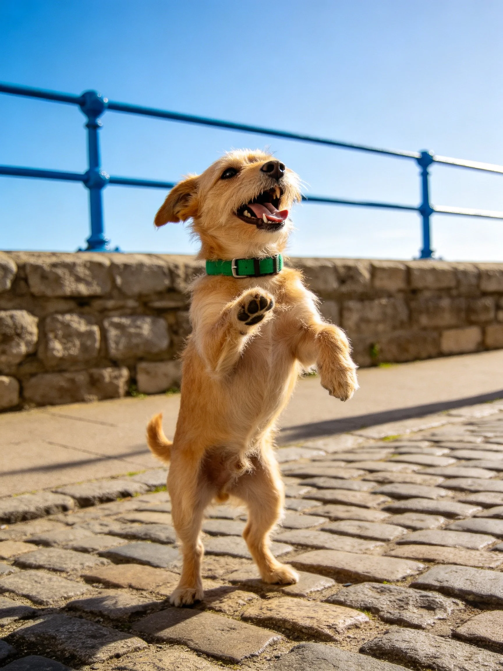 A tan dog with a green collar jumps joyfully on a cobblestone path.