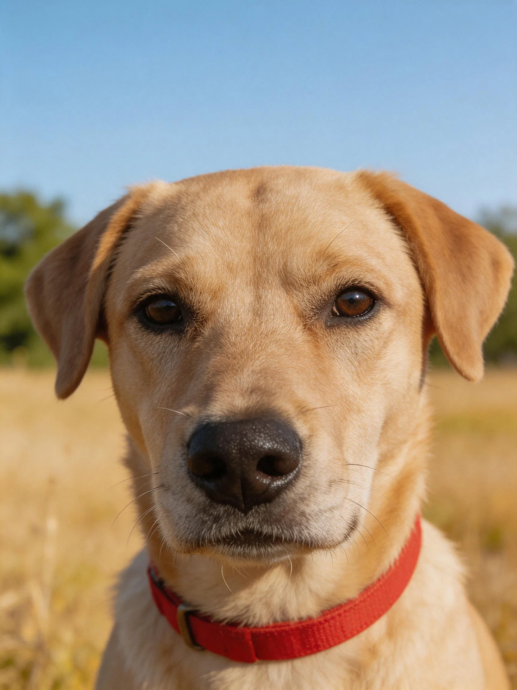 A tan dog with a red collar in a sunny field