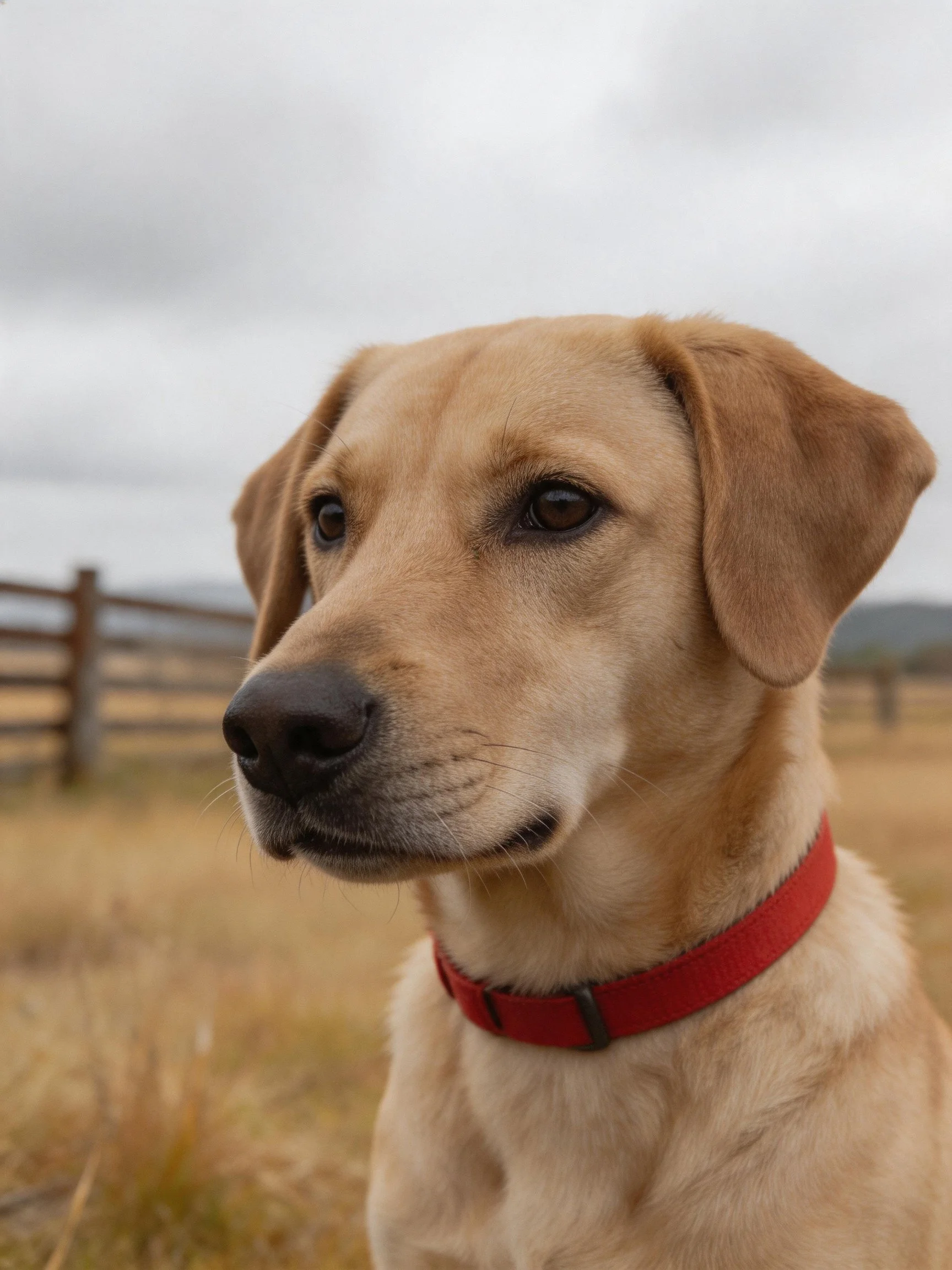A tan dog with a red collar stands near a wooden fence.