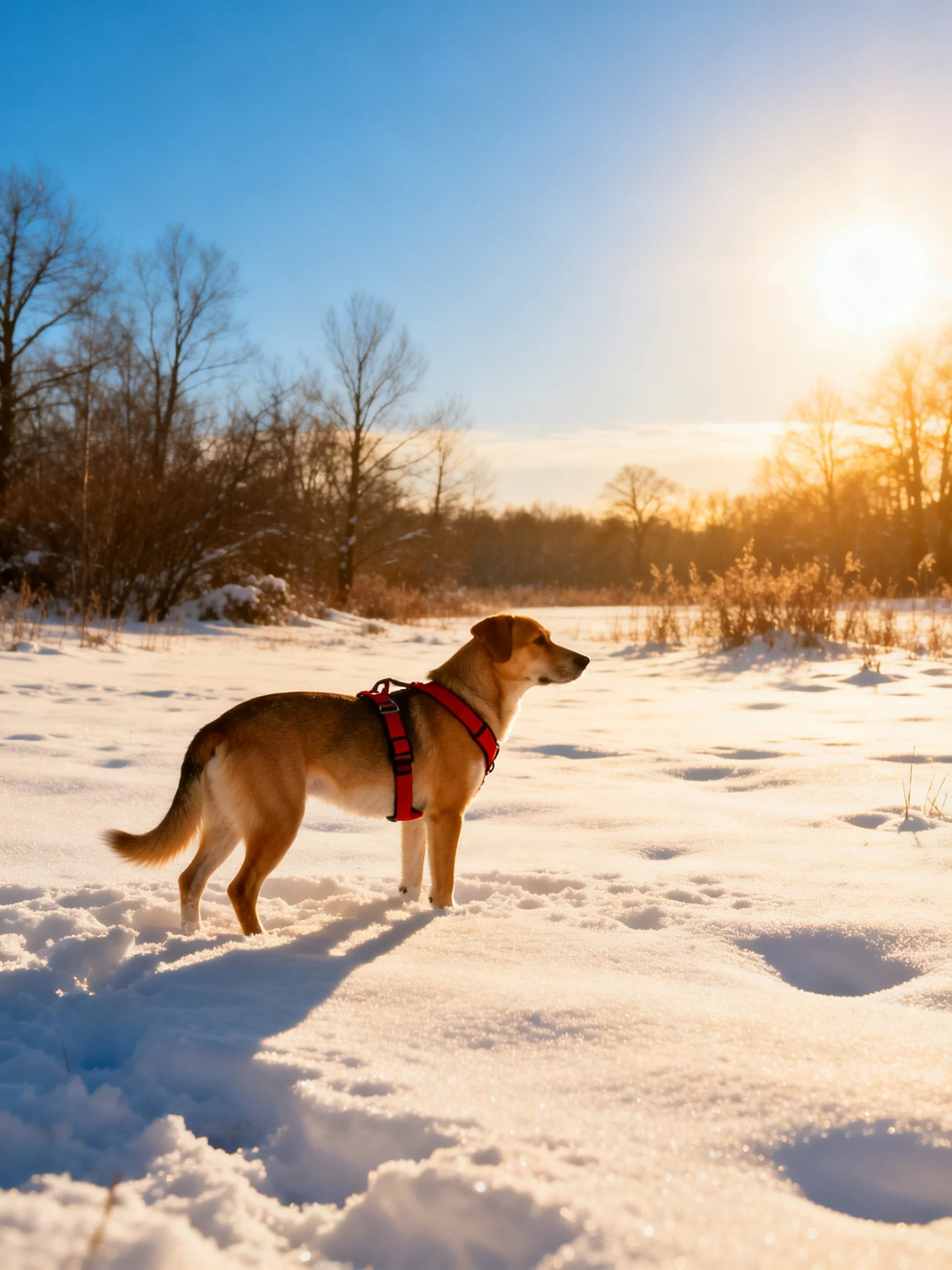 A dog with a red harness stands in a sunlit snowy area near trees