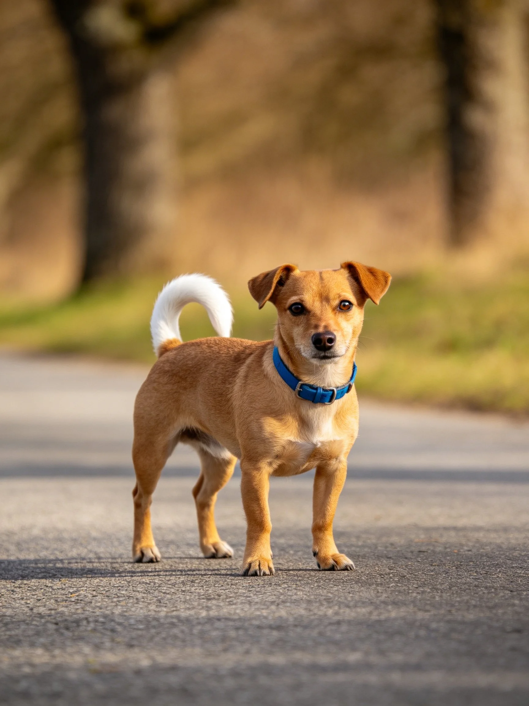 A tan dog with a white curled tail stands on a paved road.