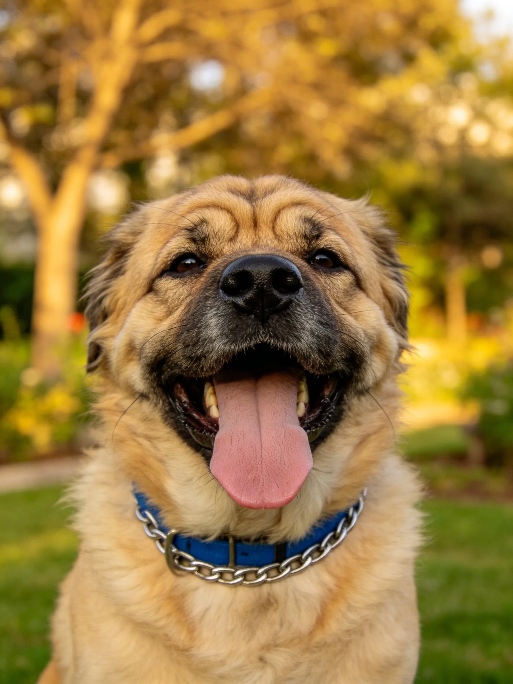 A tan dog with blue collar panting in a sunlit outdoor space