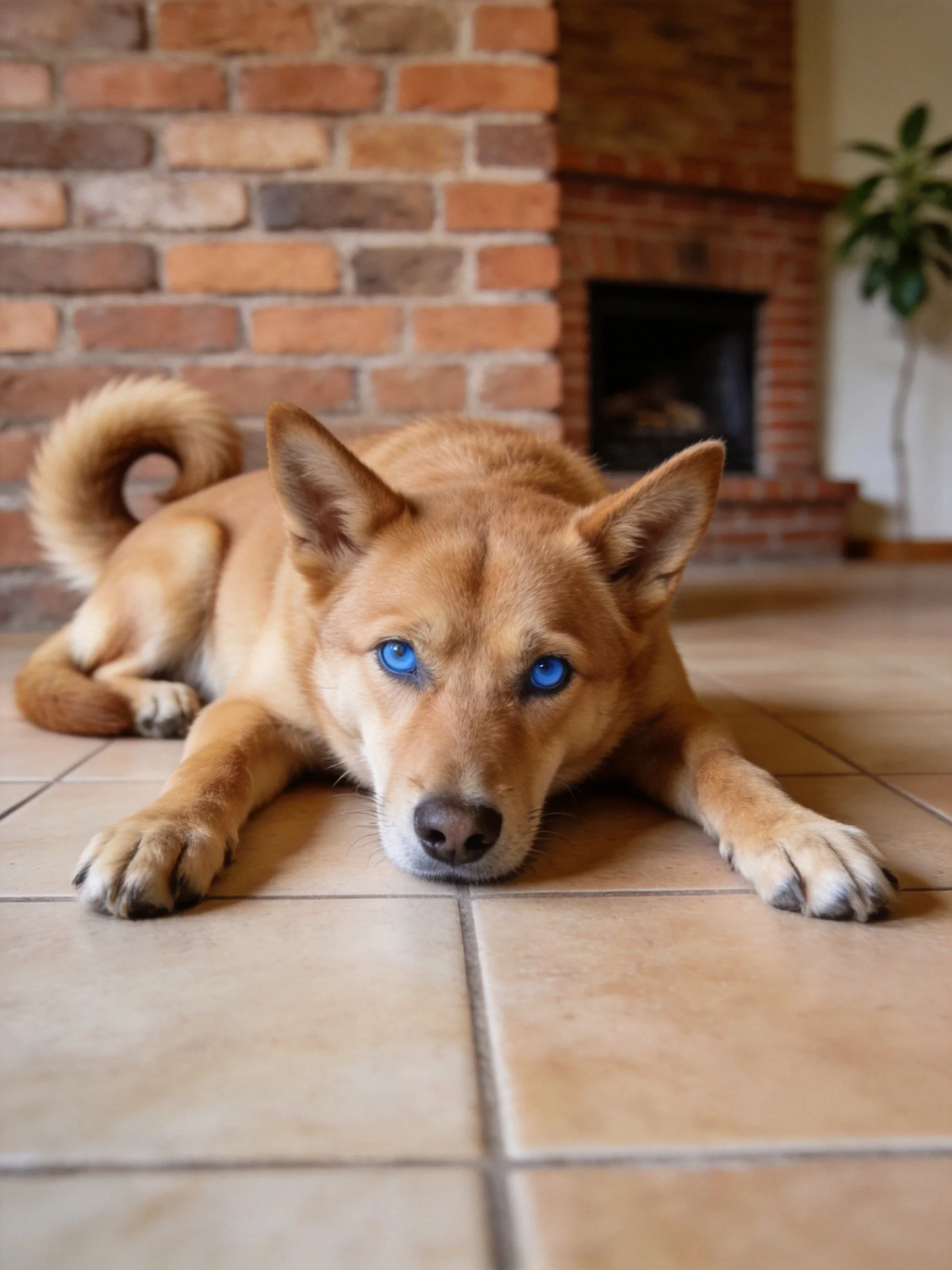 A tan dog with blue eyes lies on tiled flooring beside a brick fireplace.