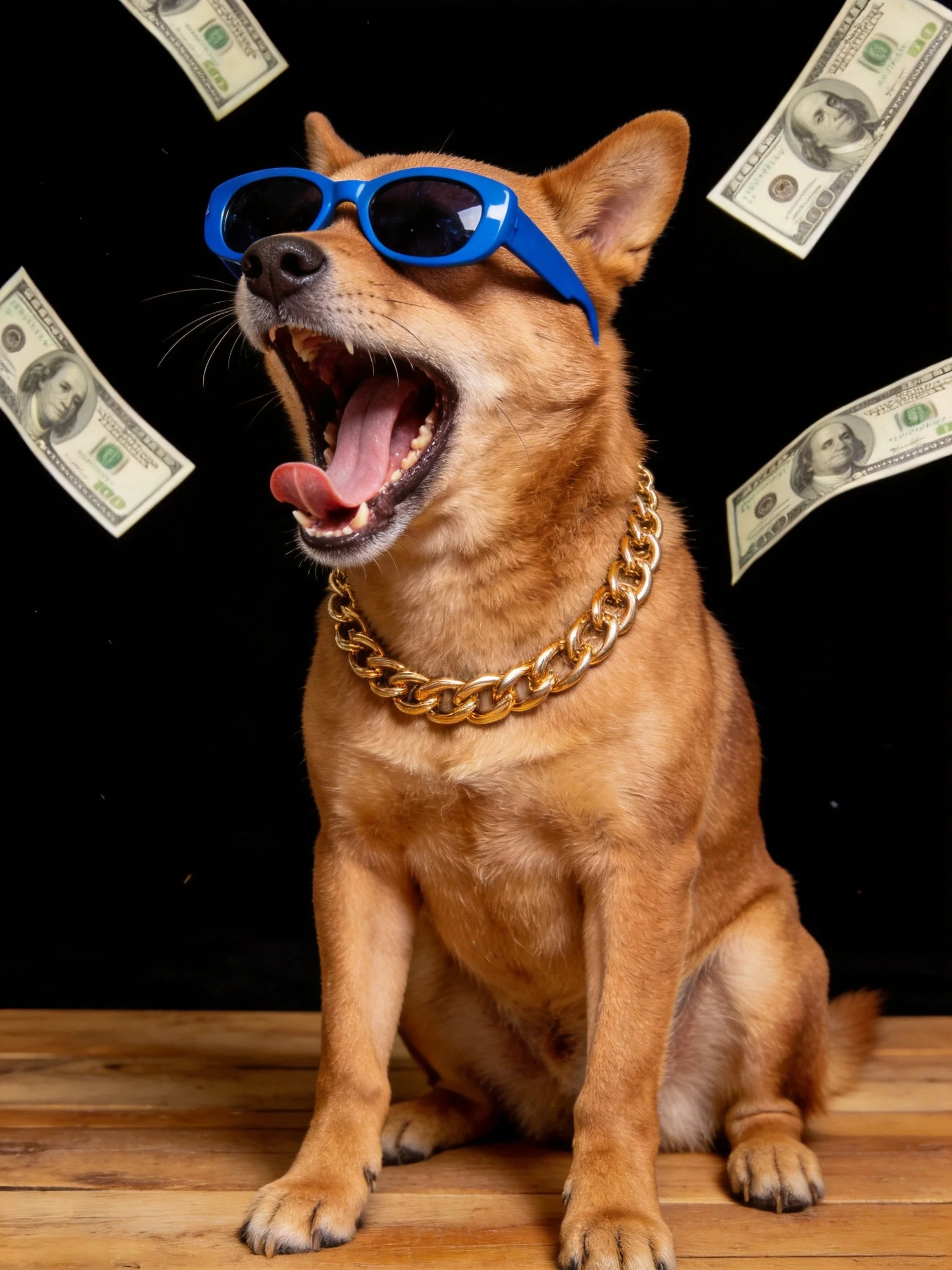 A tan dog with blue sunglasses, gold chain, amidst falling dollar bills