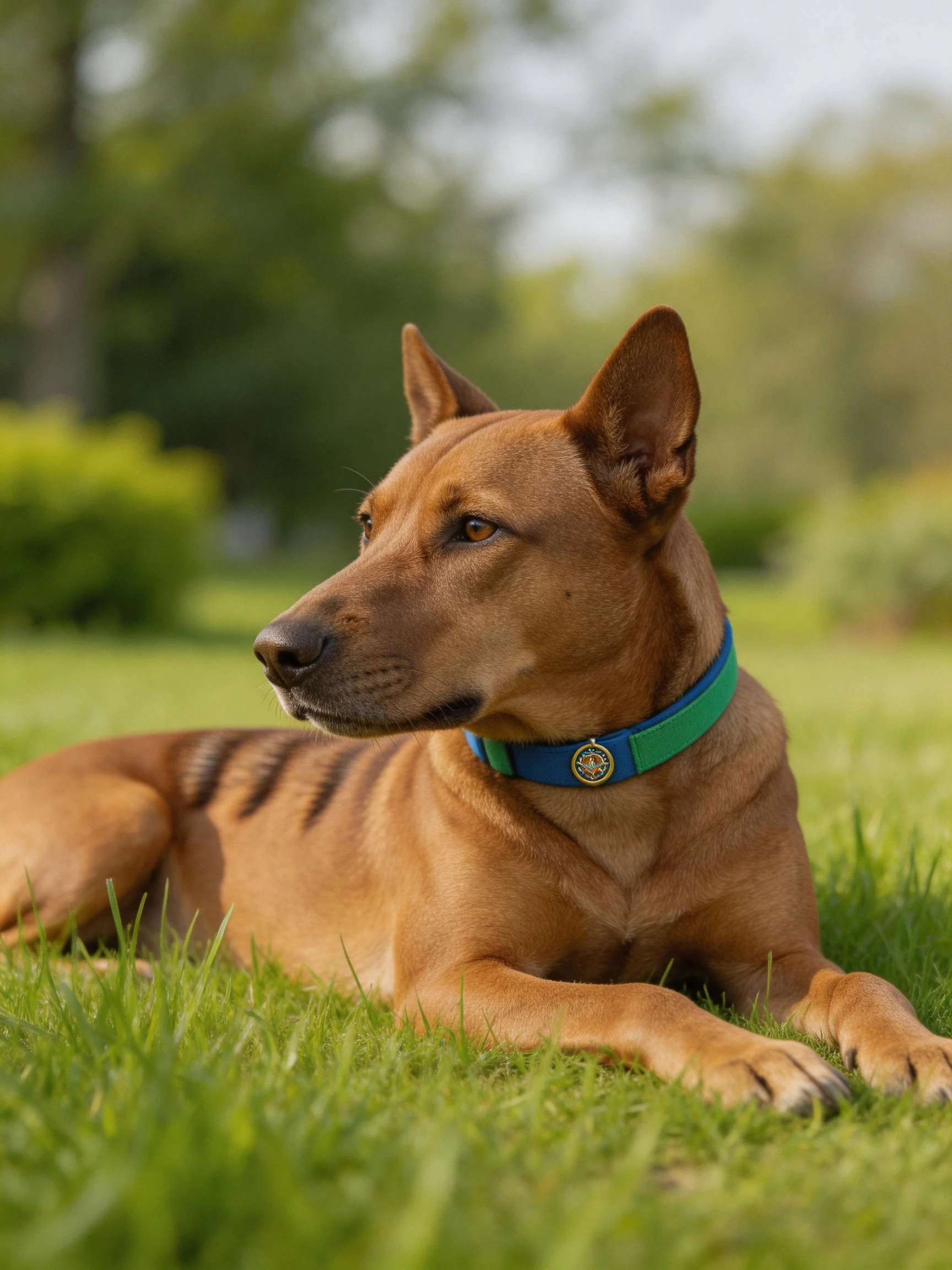 A tan dog with dark stripes rests on lush green grass with a blue-green collar