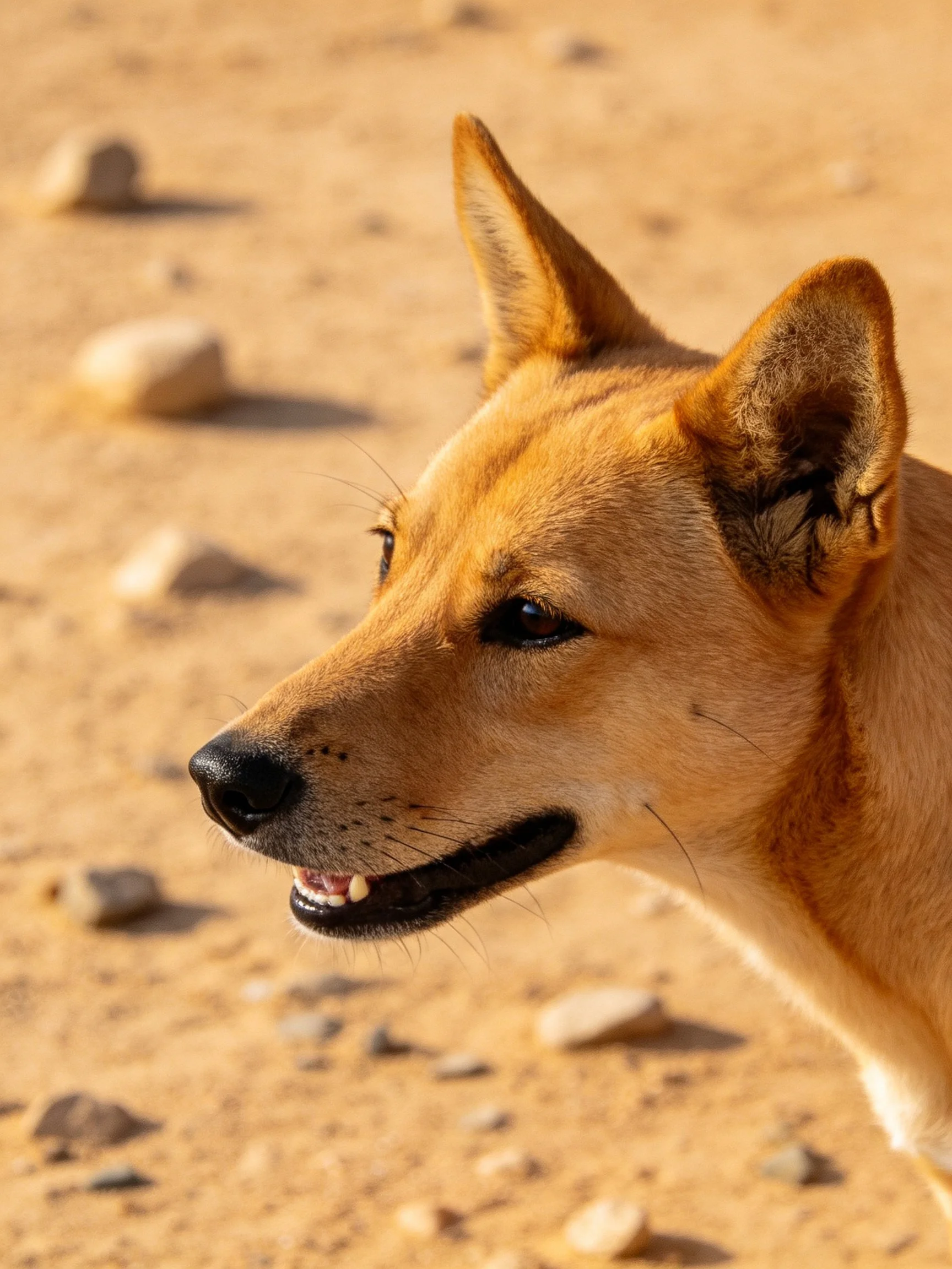 A tan dog with pointed ears on sandy ground near scattered rocks