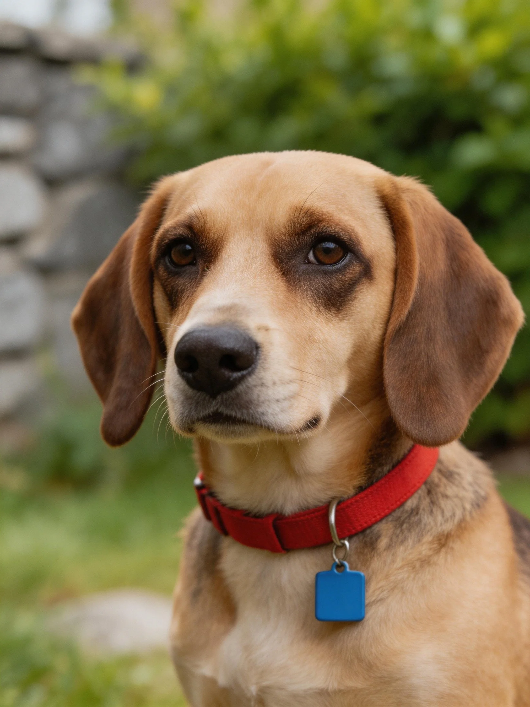 A tan dog with a red collar and blue tag is in a garden with greenery.