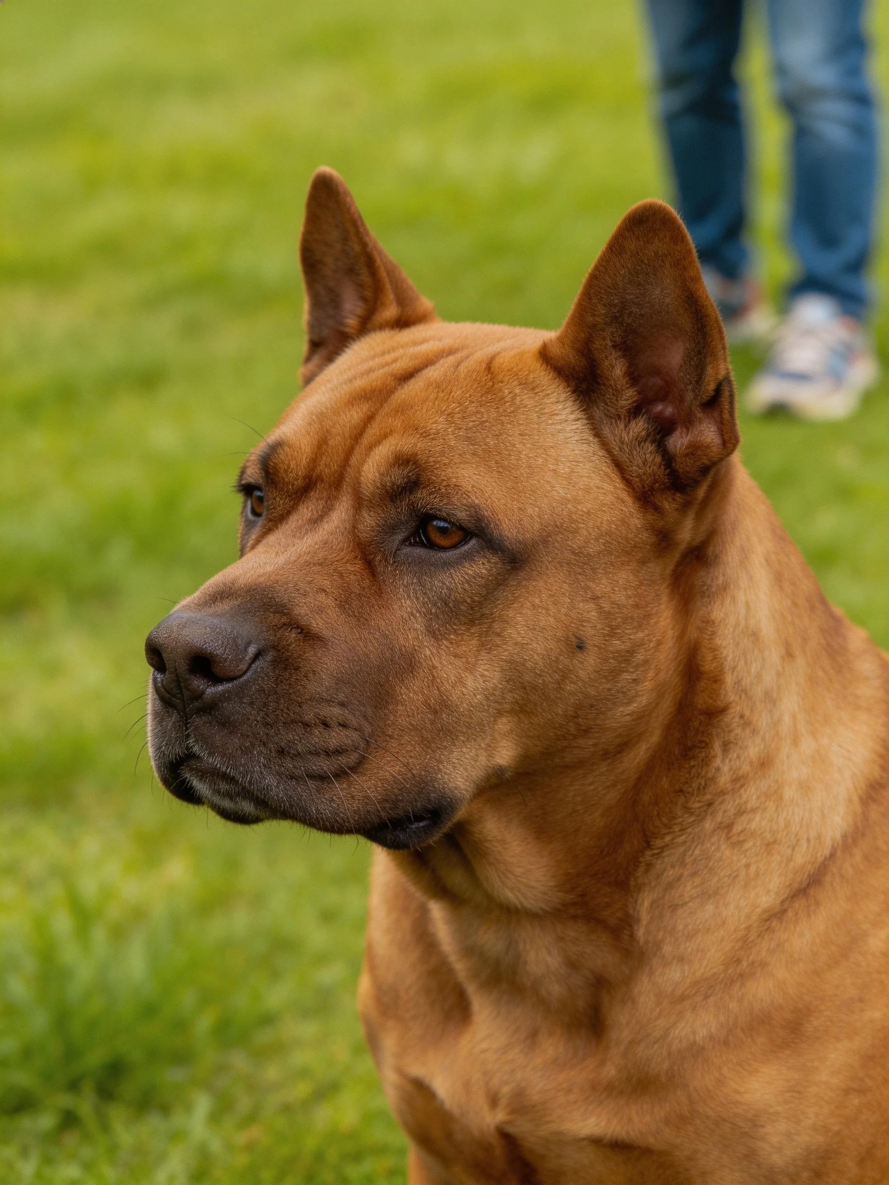 A tan dog with upright ears sits on green grass beside someone in blue jeans