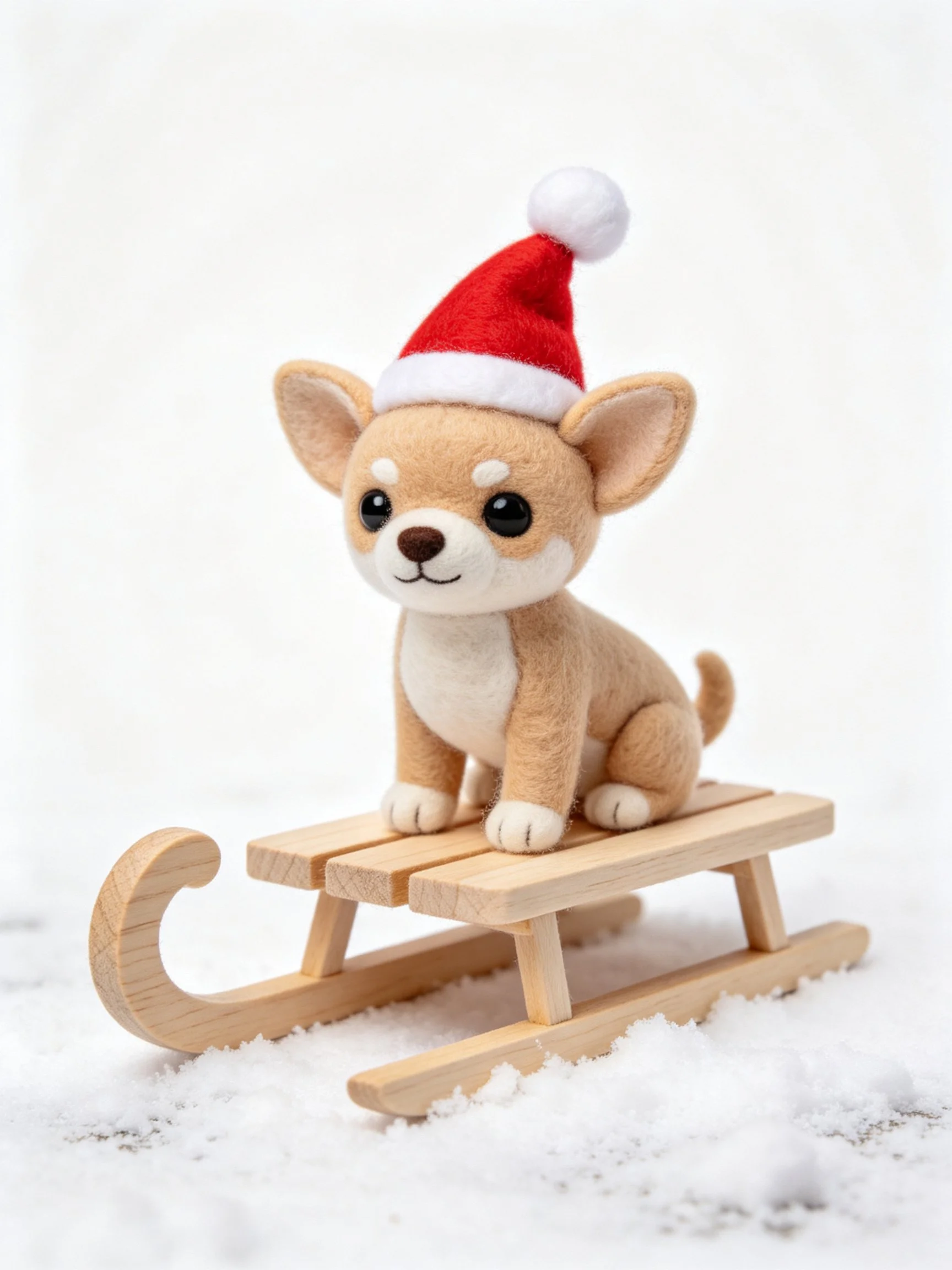 A tan felt dog wearing a red Santa hat sits on a wooden sled amid snow.