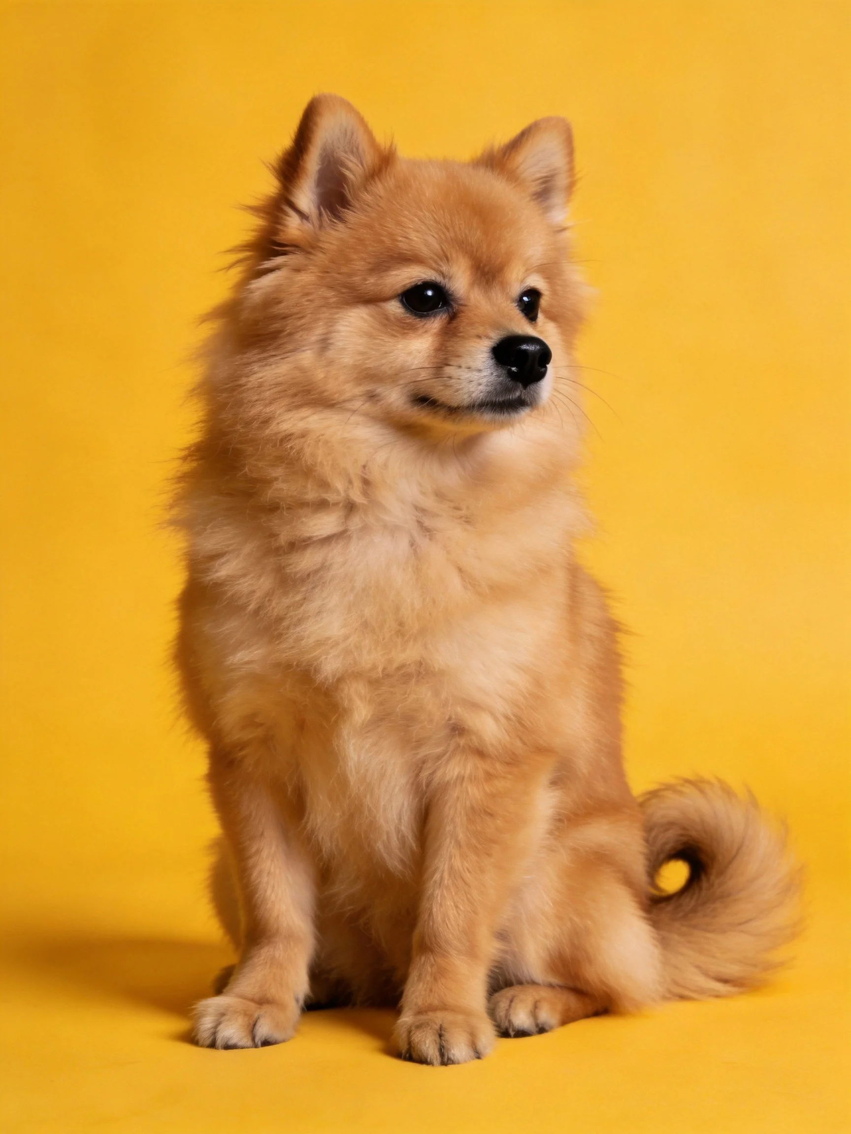 A tan-furred Pomeranian sits calmly against a solid yellow background.