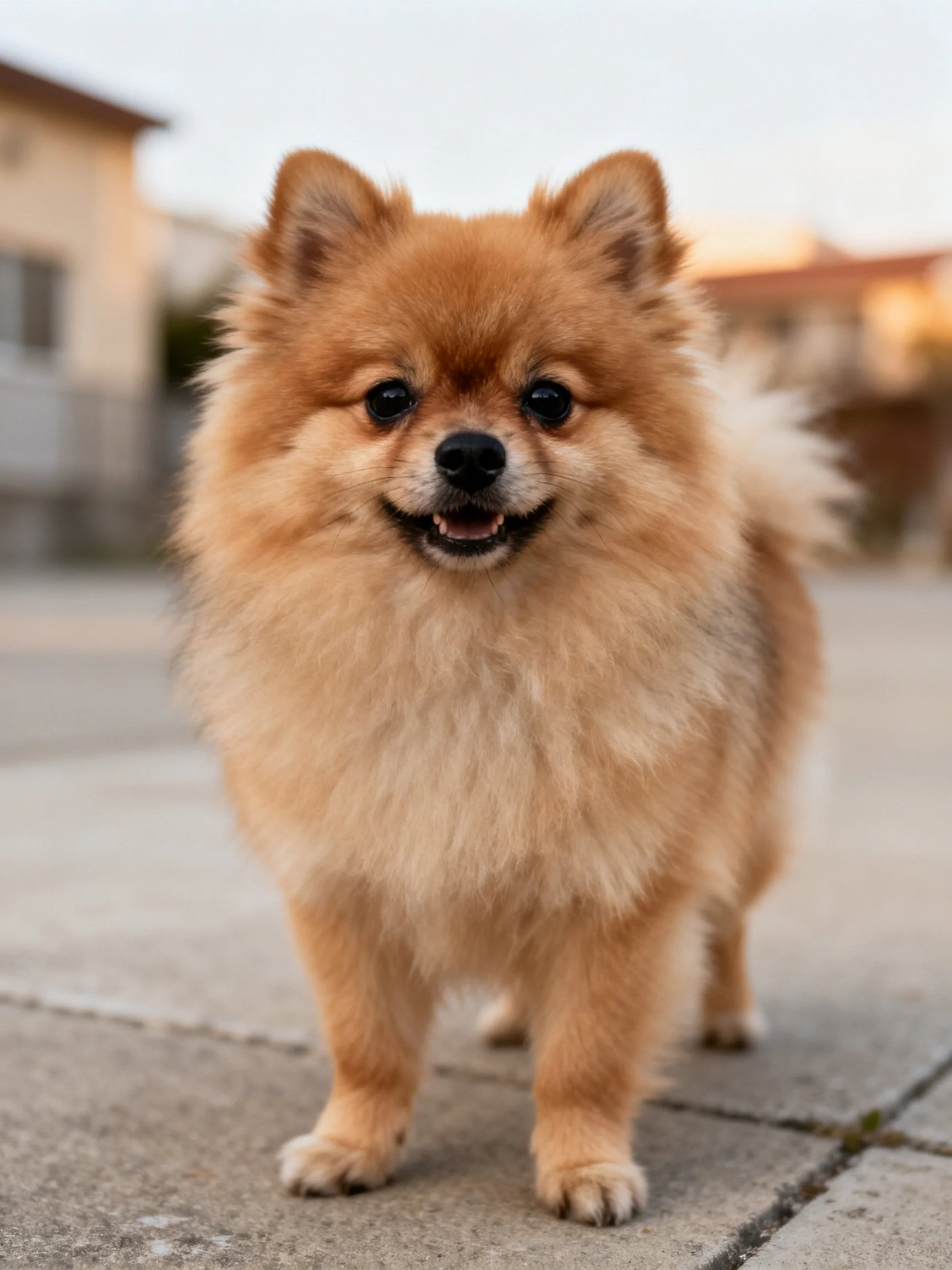 A tan-furred Pomeranian stands on a paved area near houses