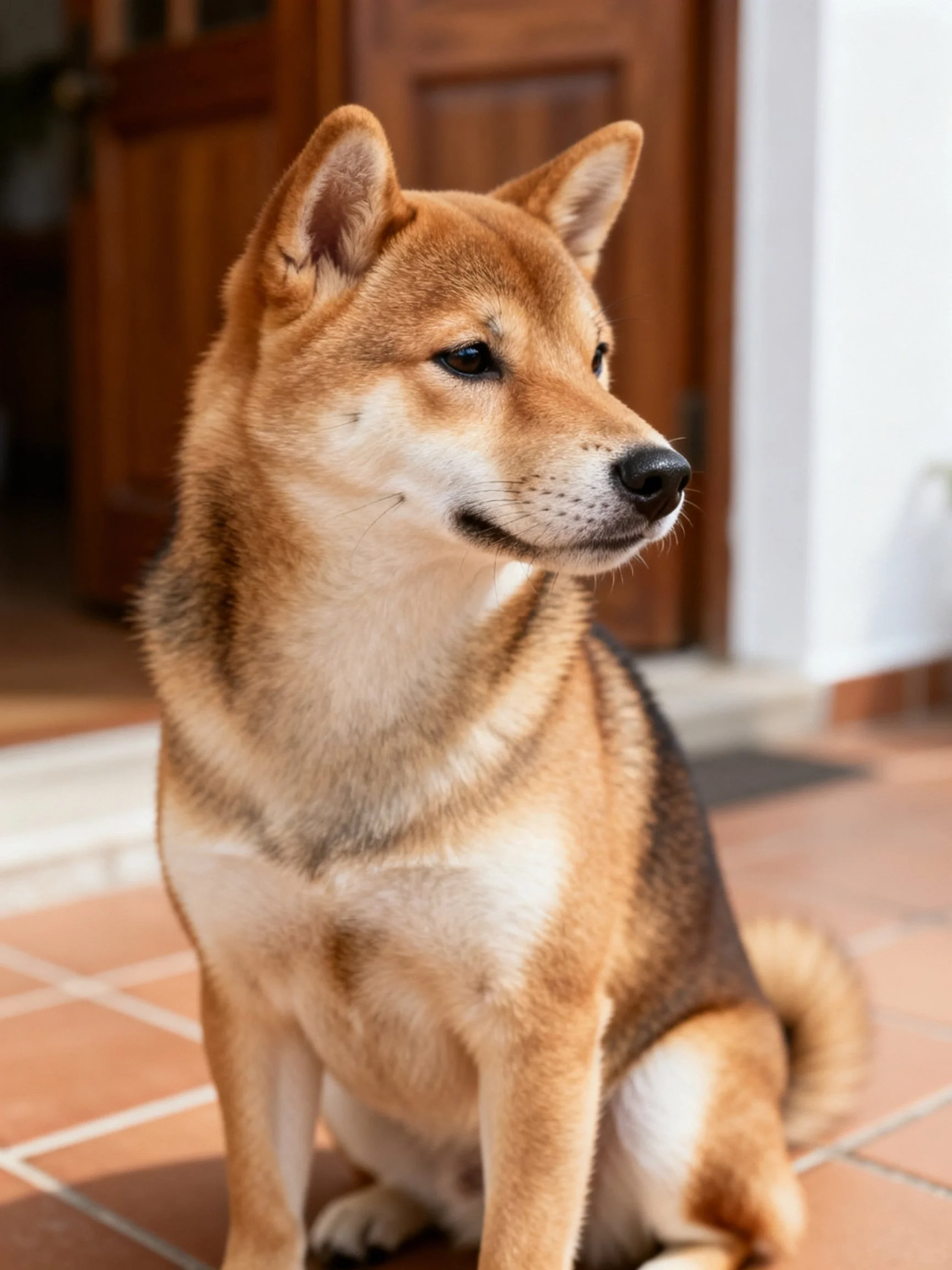 A tan-furred Shiba Inu sits on terracotta tiles by a wooden door