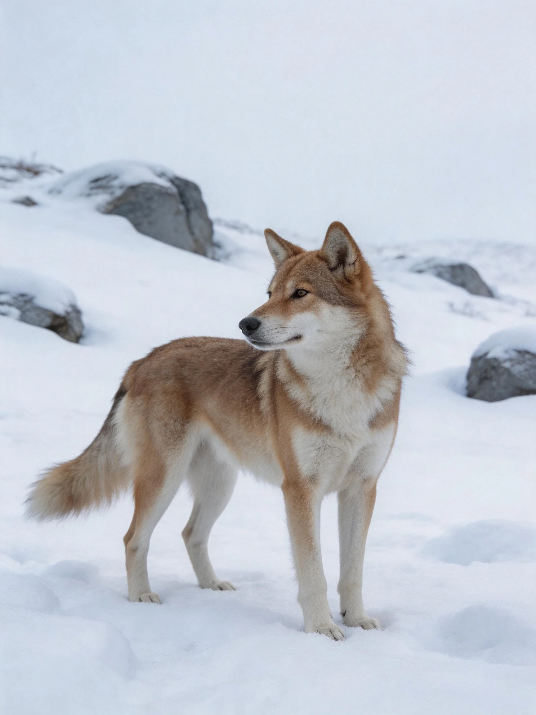 A tan-furred canine stands in a snowy rocky landscape