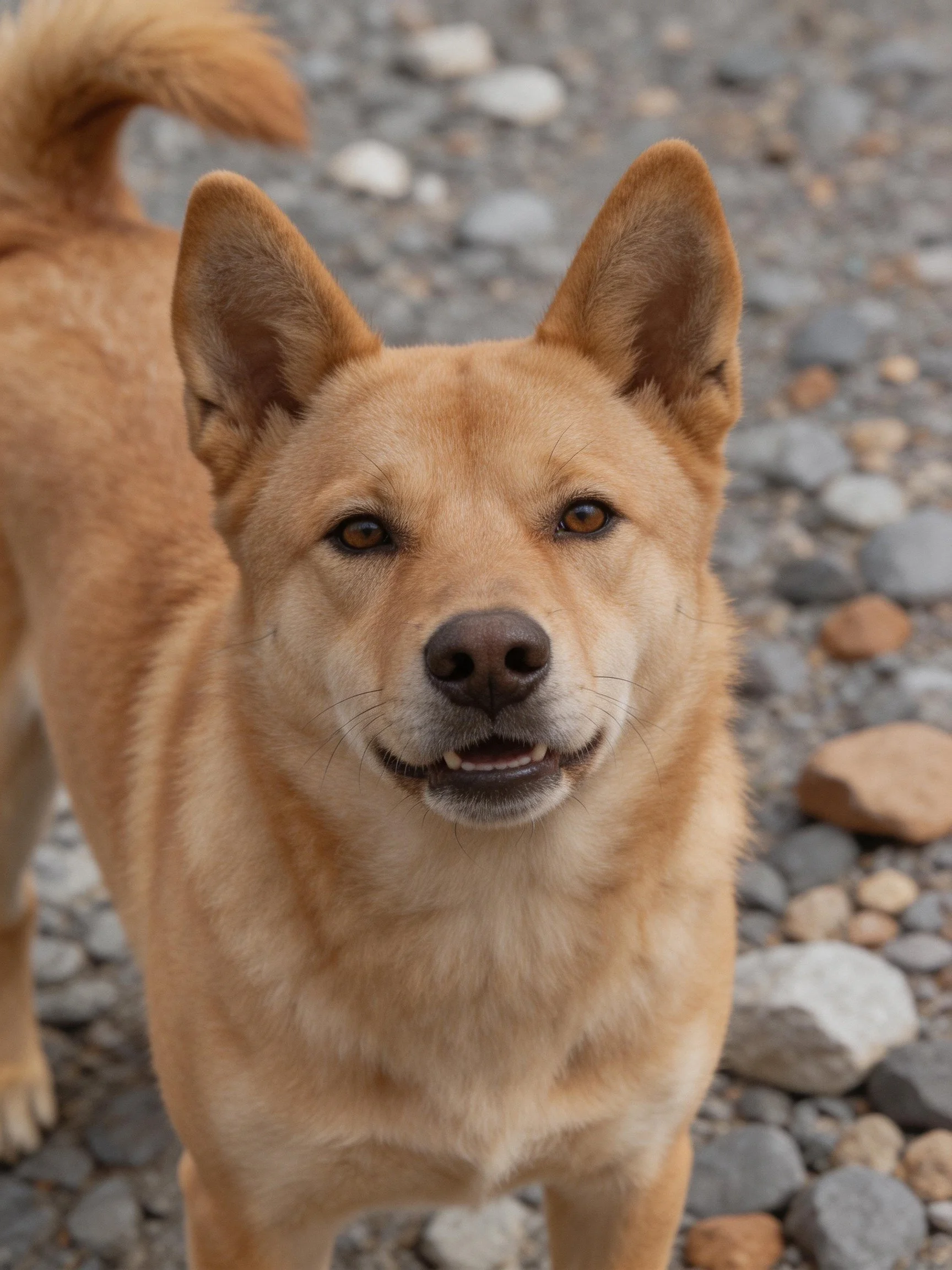 A tan-furred dog stands on a gravel-stone path
