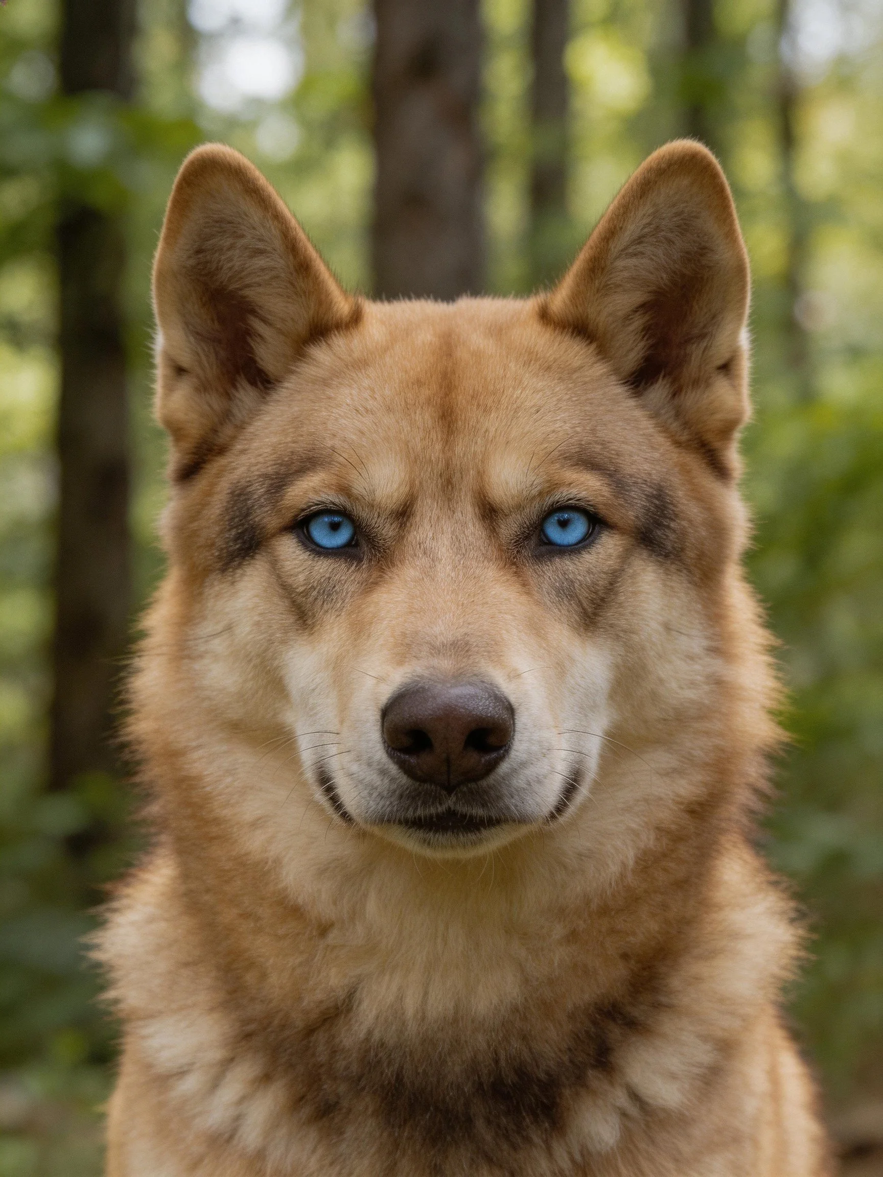 A tan-furred dog with bright blue eyes in a forest backdrop