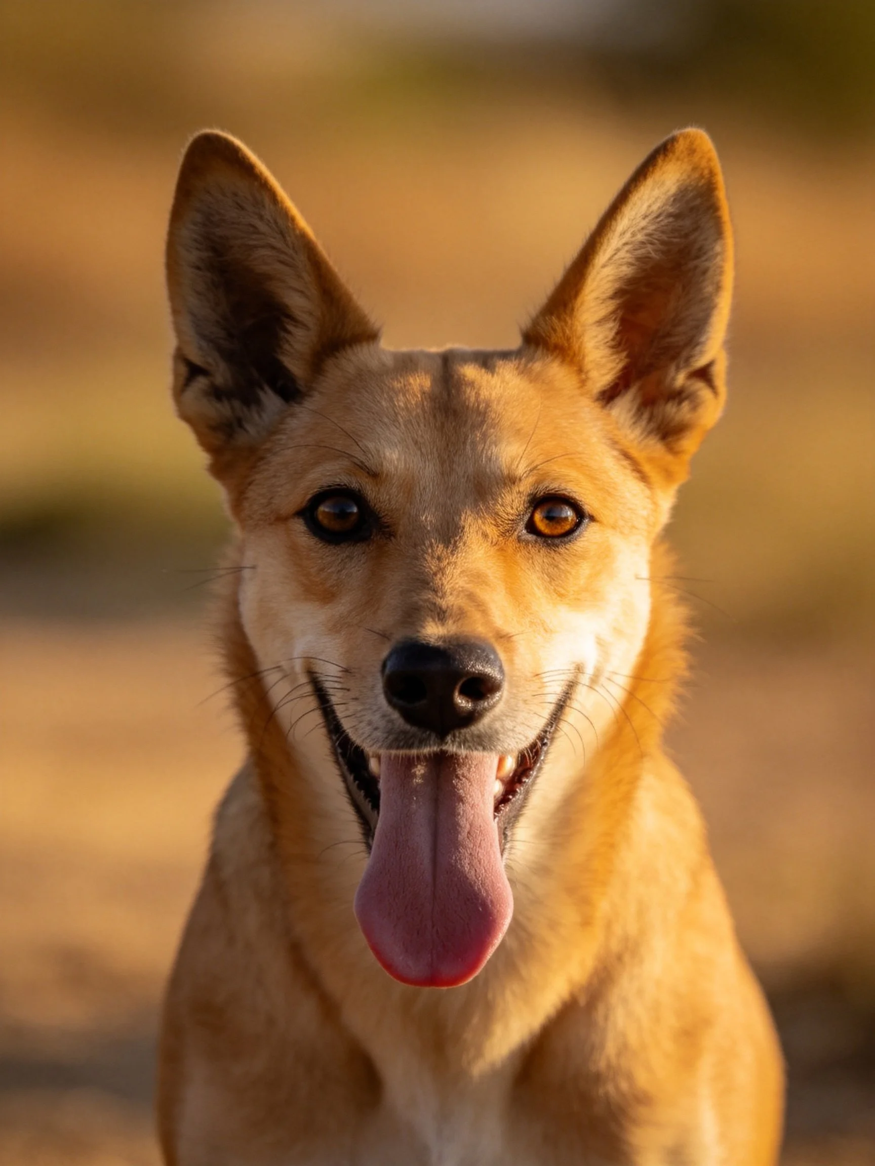 A tan-furred dog with upright ears and a protruding tongue