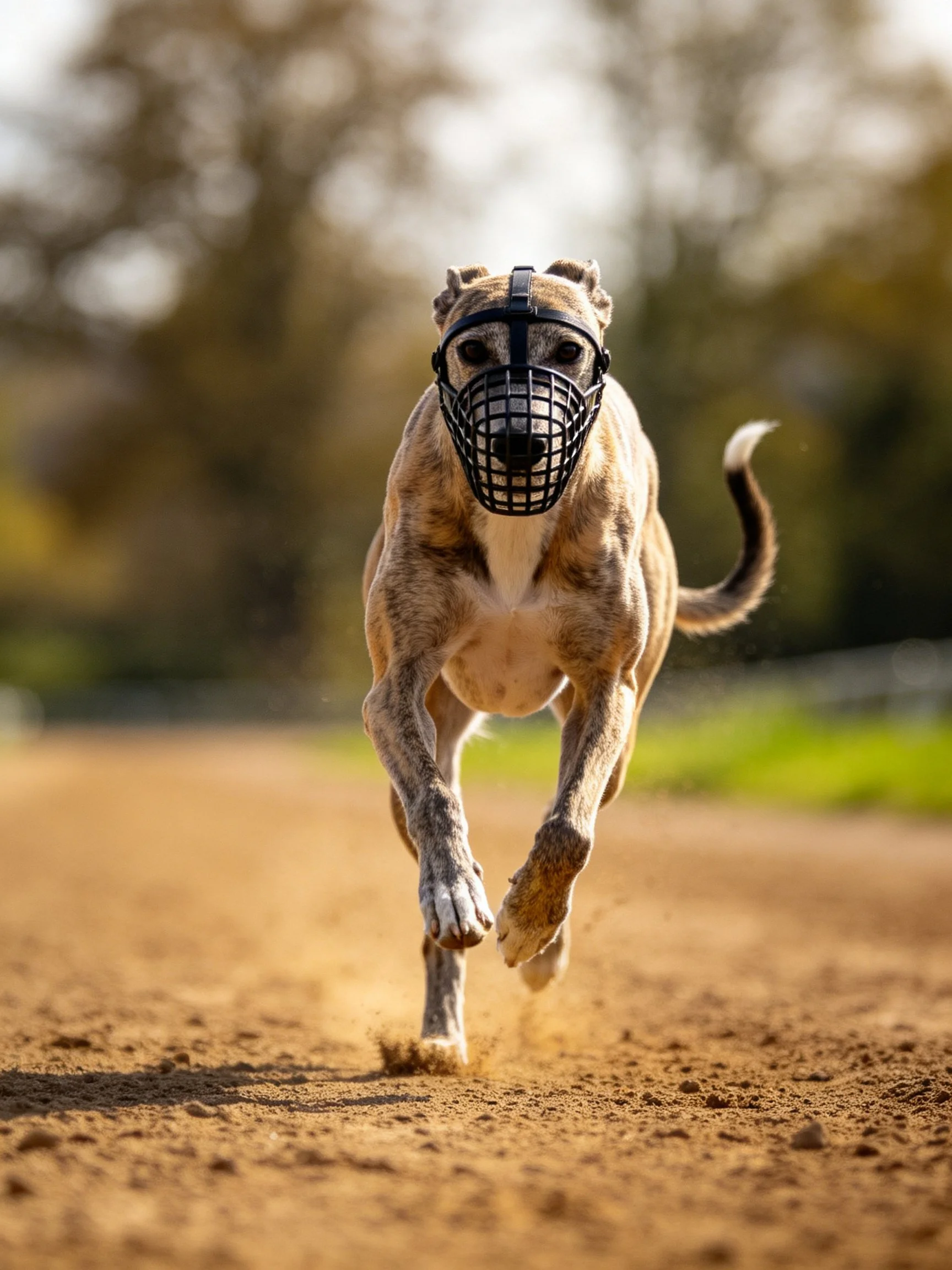 A tan greyhound runs on a dusty track with a black muzzle