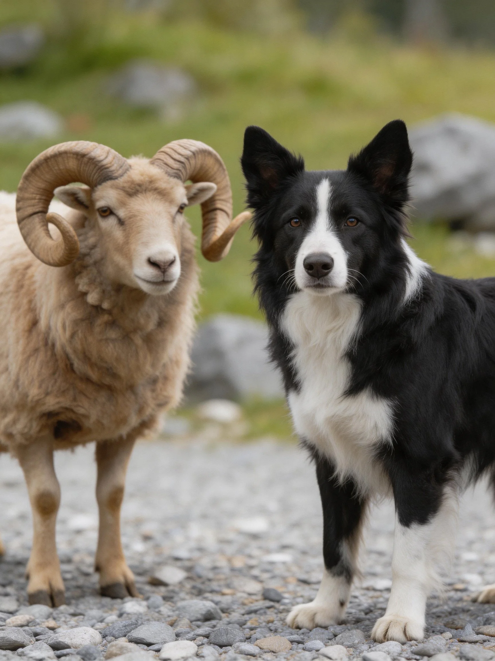 A tan horned sheep stands next to a black - white border collie on a rocky path.