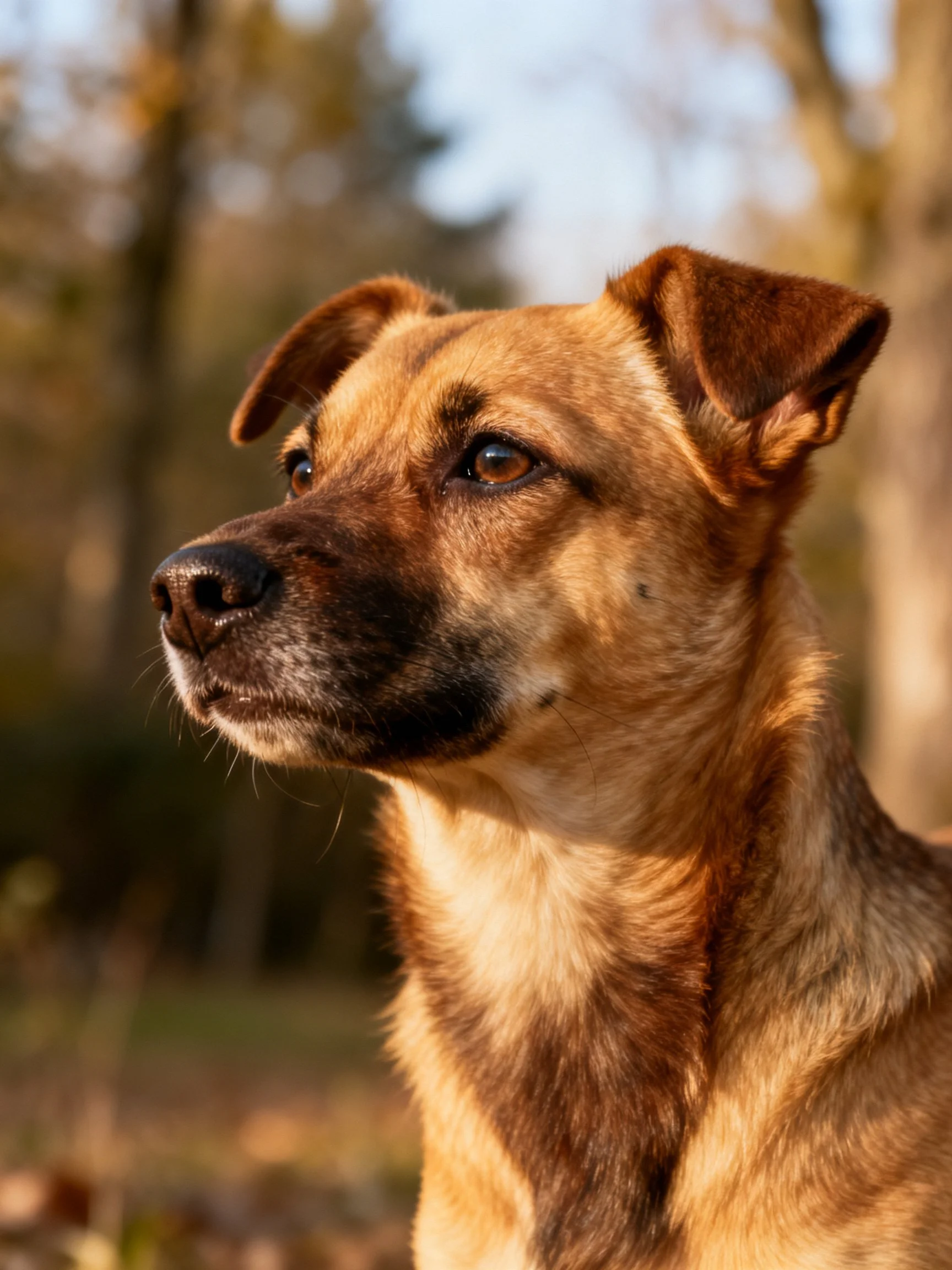 A tan mixed-breed dog gazes thoughtfully outdoors