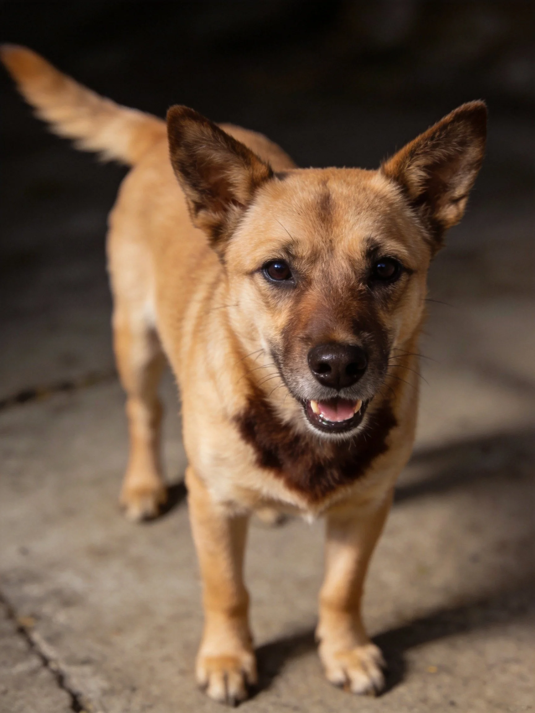 A tan mixed - breed dog with brown facial markings stands on concrete pavement