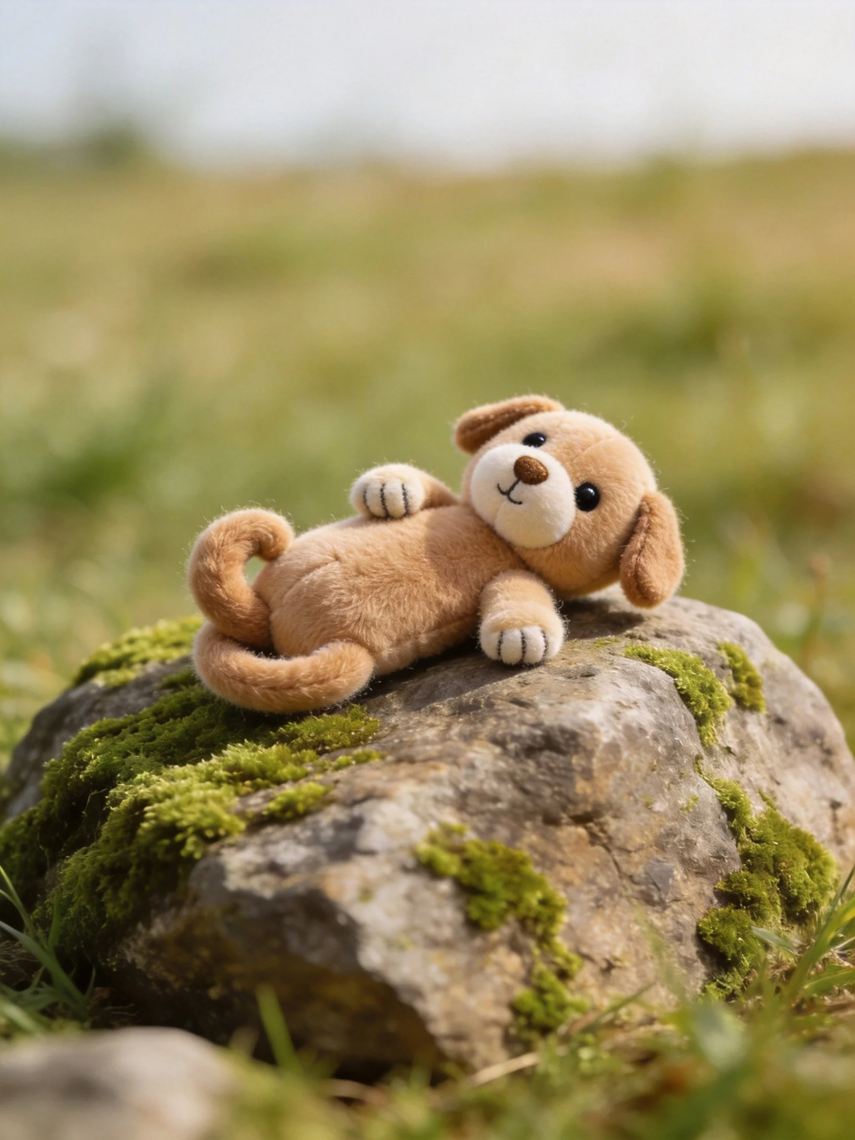 A small brown stuffed puppy relaxes on a mossy rock in a blurred natural landscape.