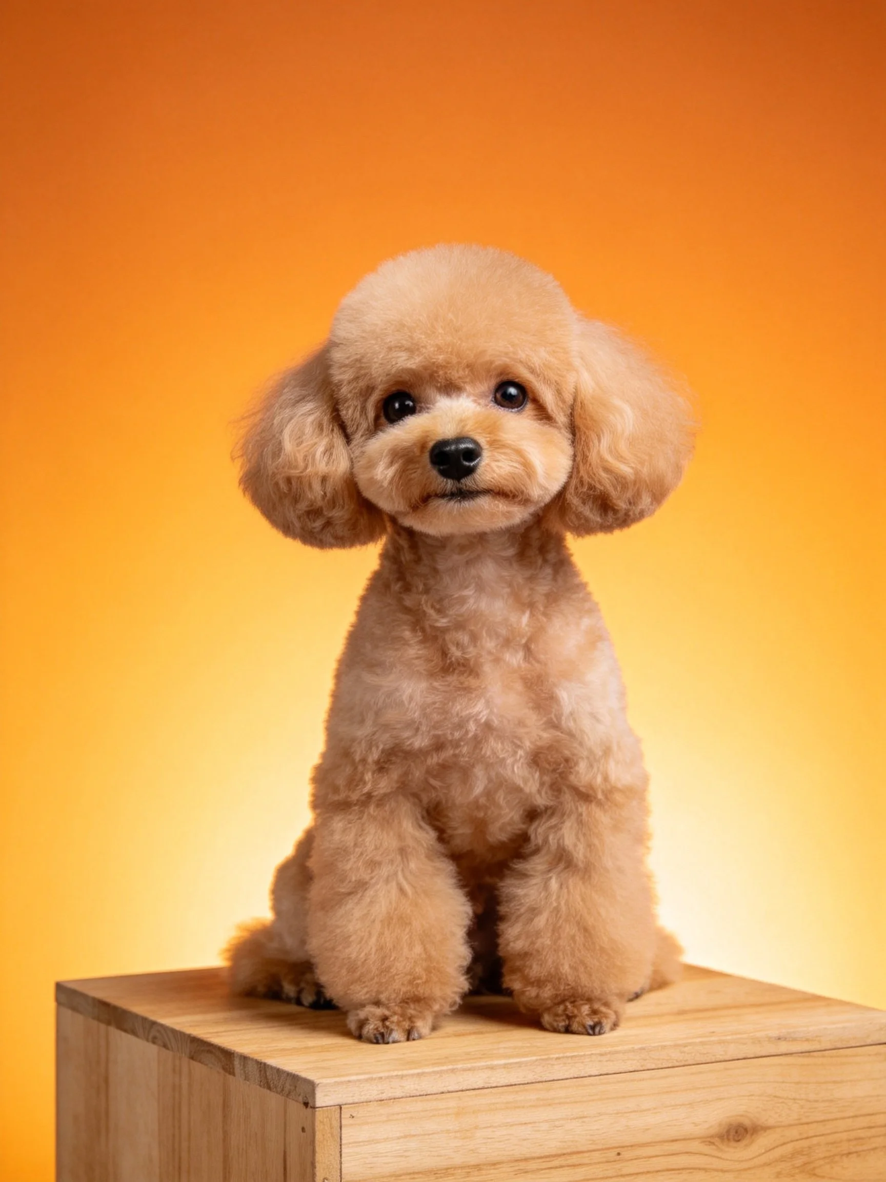 A tan poodle sits calmly atop a wooden block with an orange background.