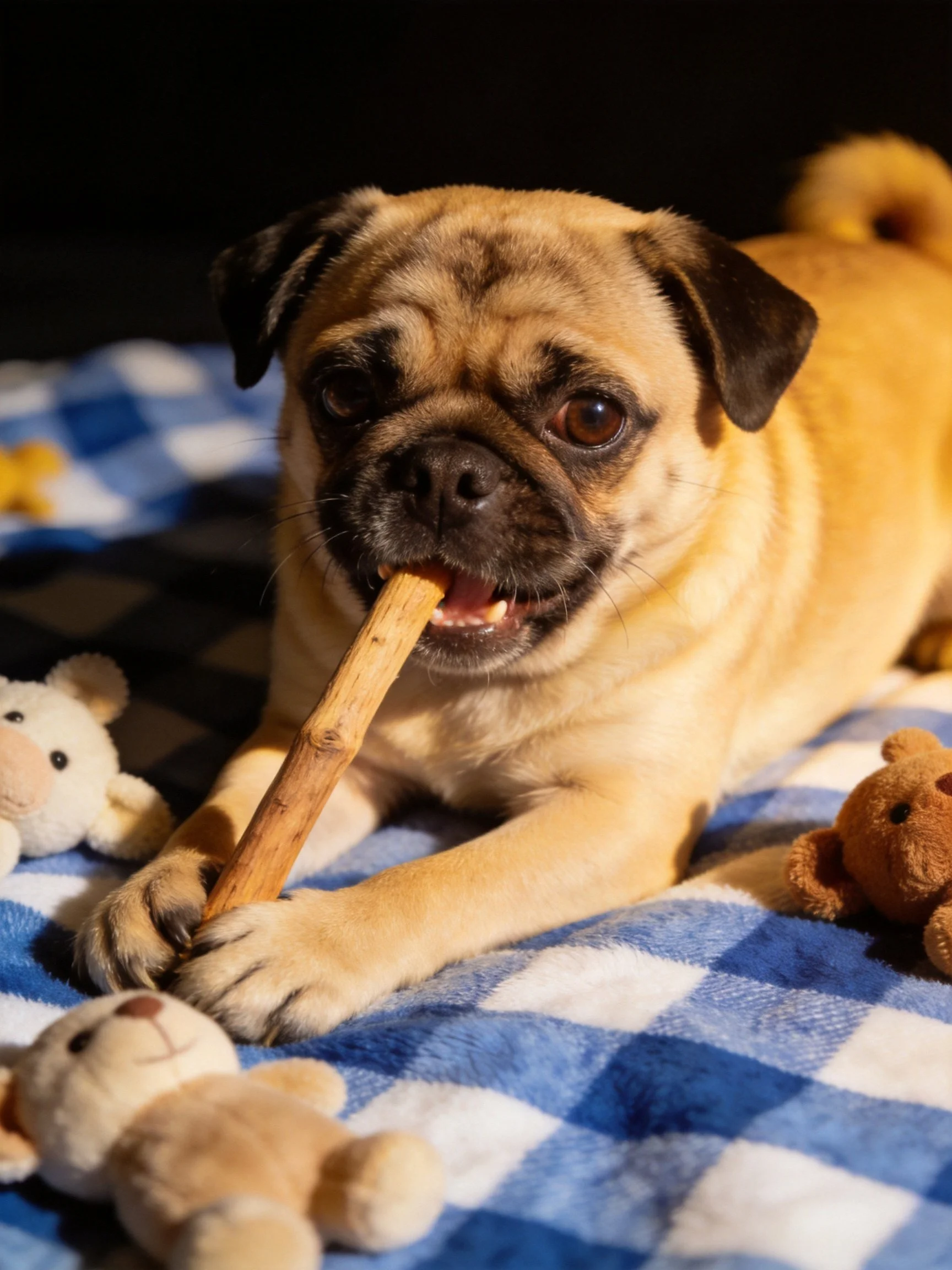 A tan pug chews a wooden stick near stuffed animals on a blue checkered blanket