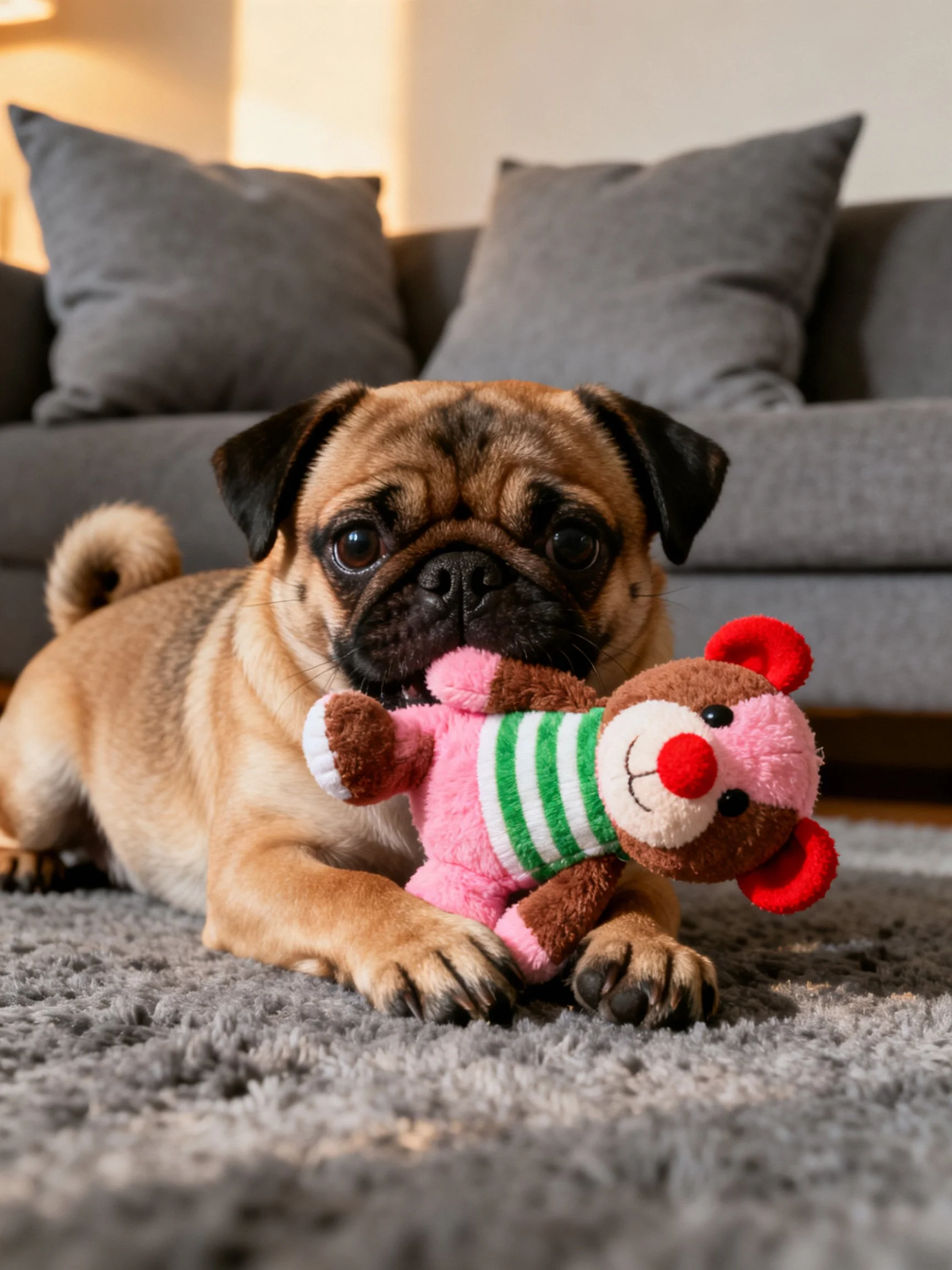A tan pug holds a colorful stuffed toy in front of a gray sofa.