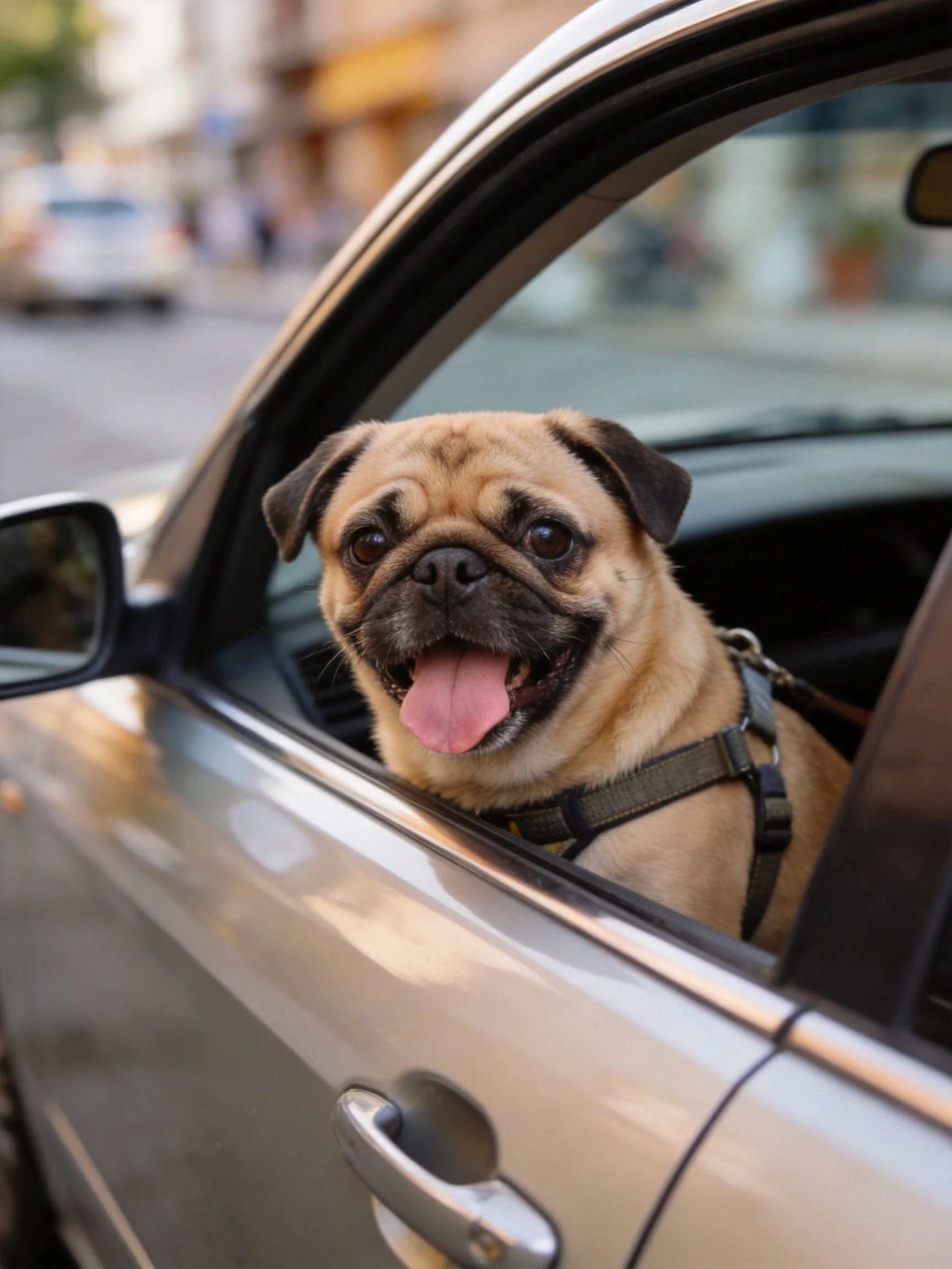 A tan pug dog with a harness enjoys fresh air from a silver car window.