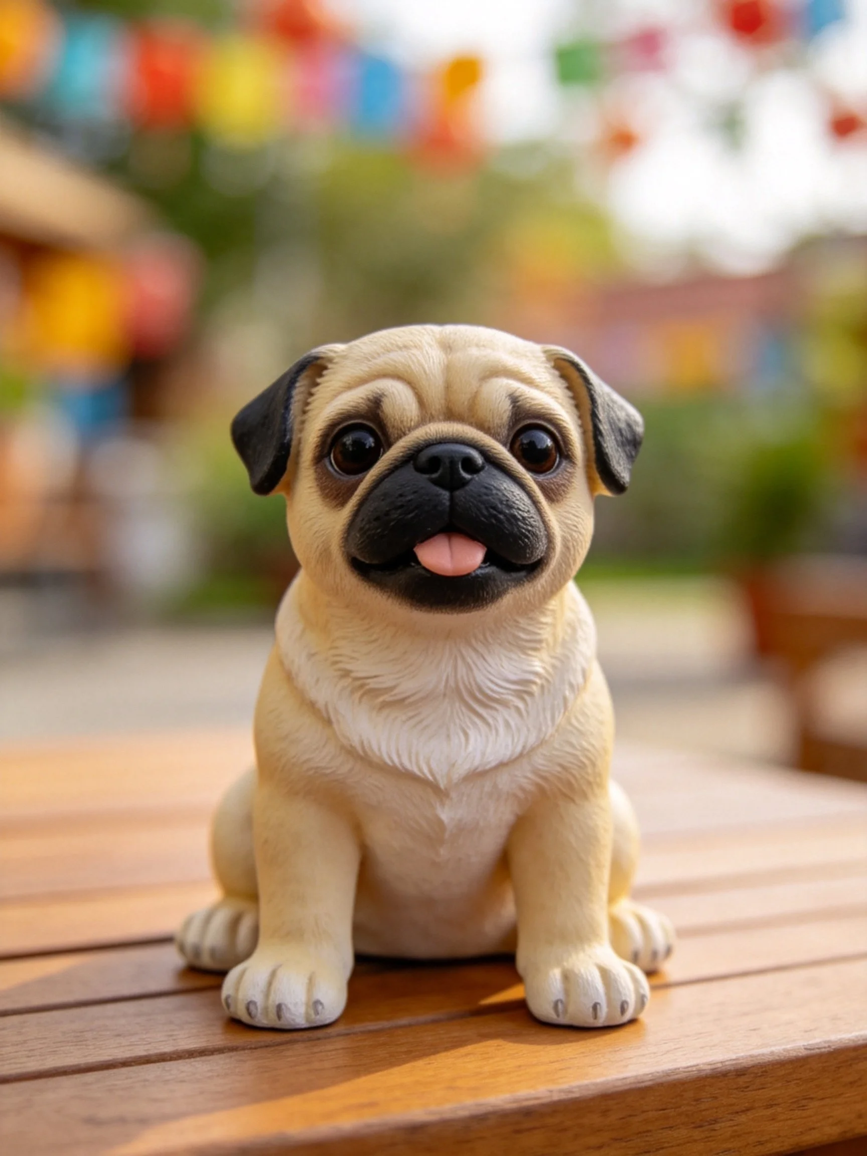 A tan pug figurine sits on a wooden surface with colorful blurred surroundings.