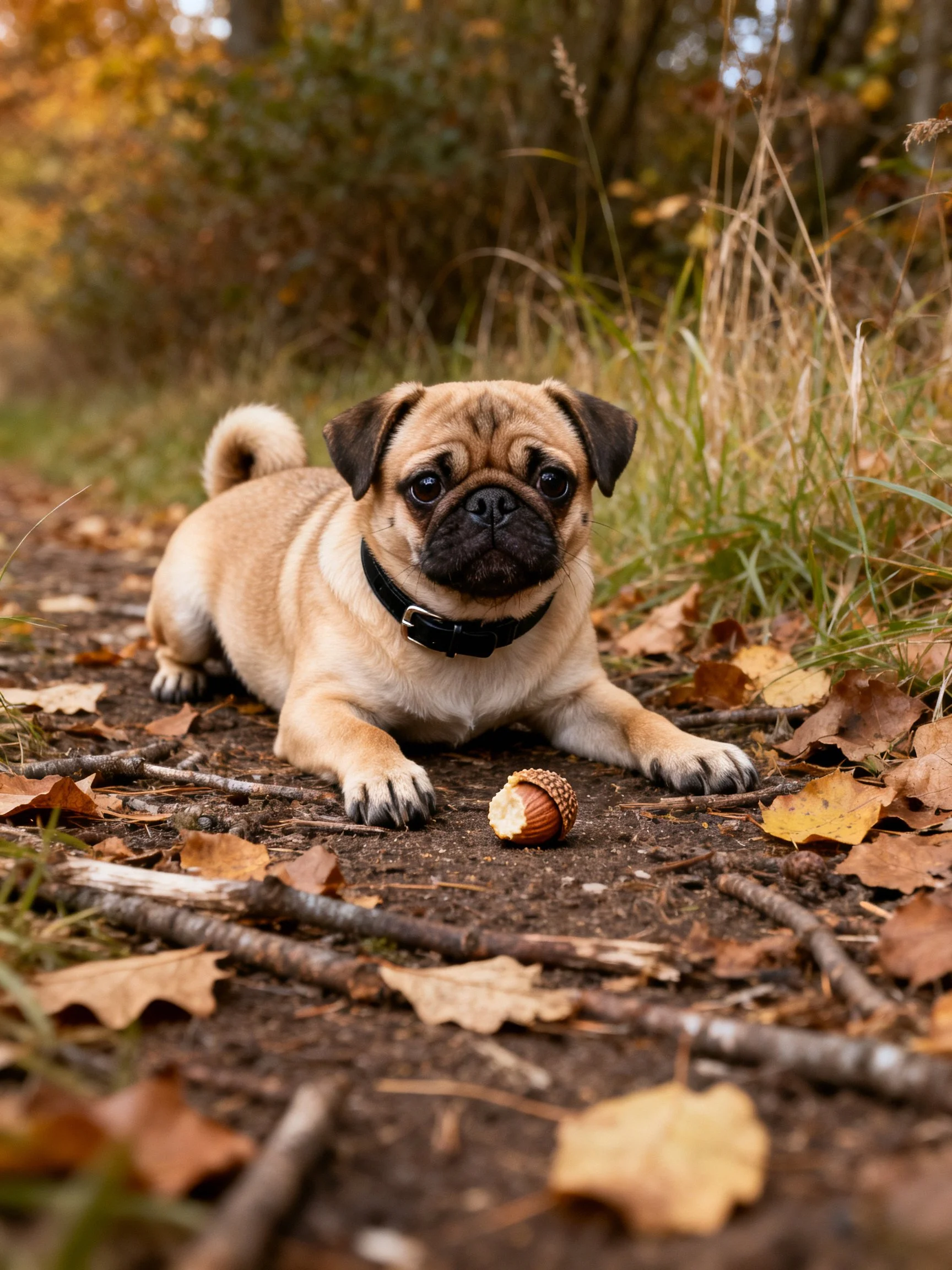 A tan pug puppy lies beside a partially eaten acorn on a leaf-littered forest trail.