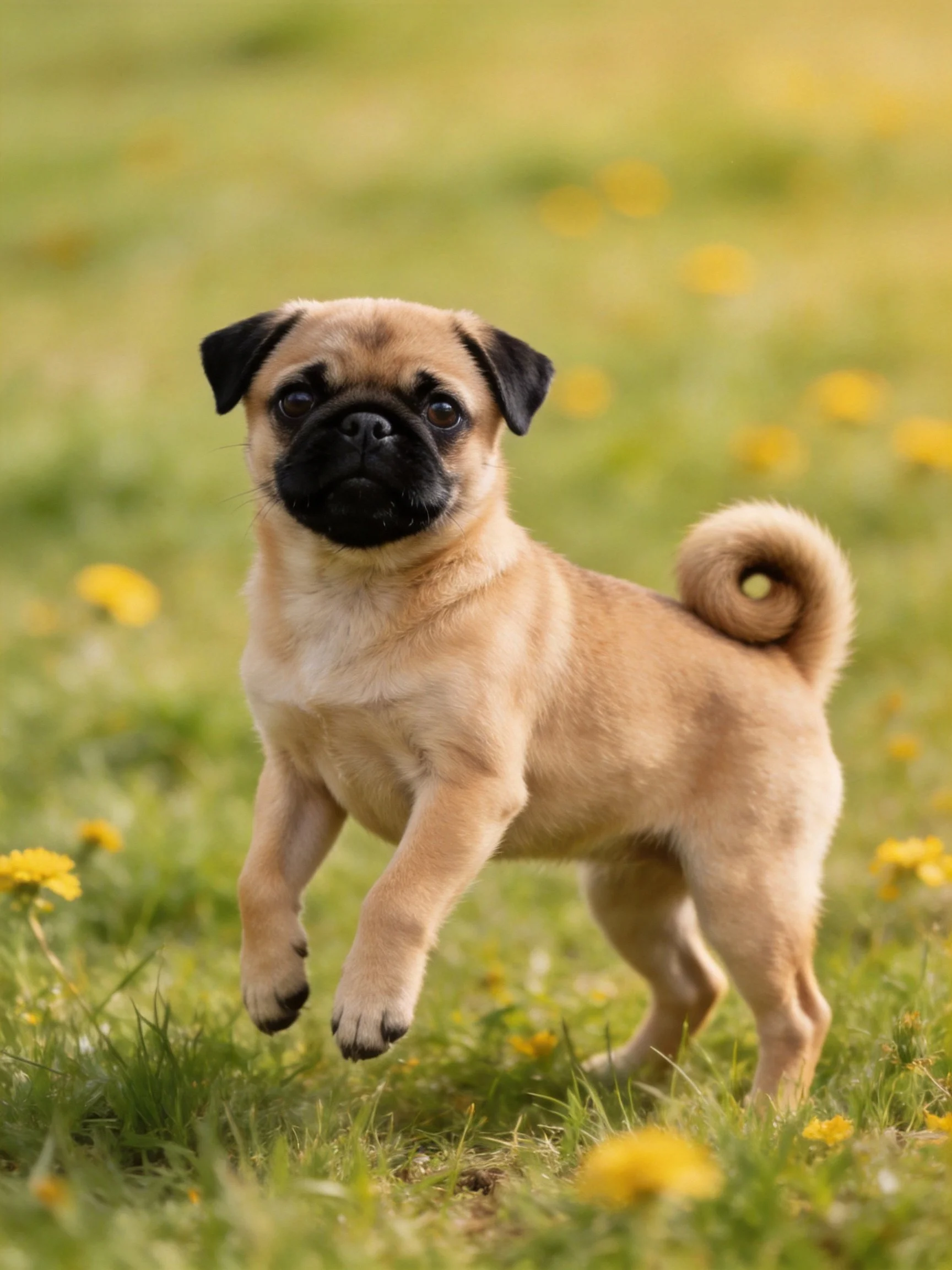 A tan pug puppy runs through a sunlit meadow dotted with yellow flowers.