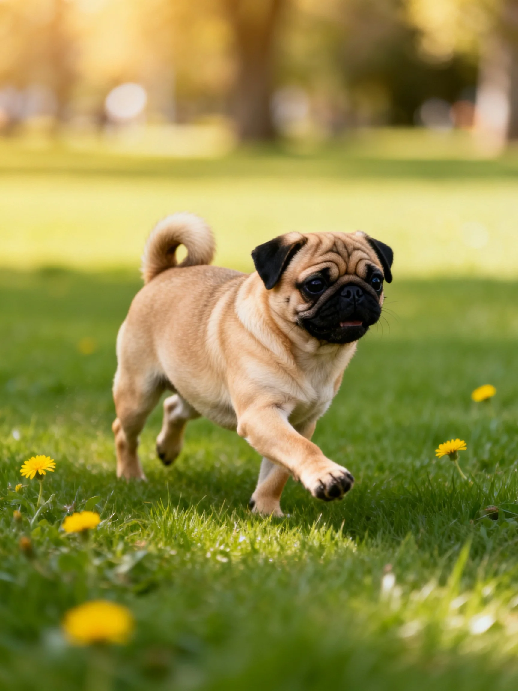 A tan pug runs energetically on a grassy area dotted with yellow flowers.