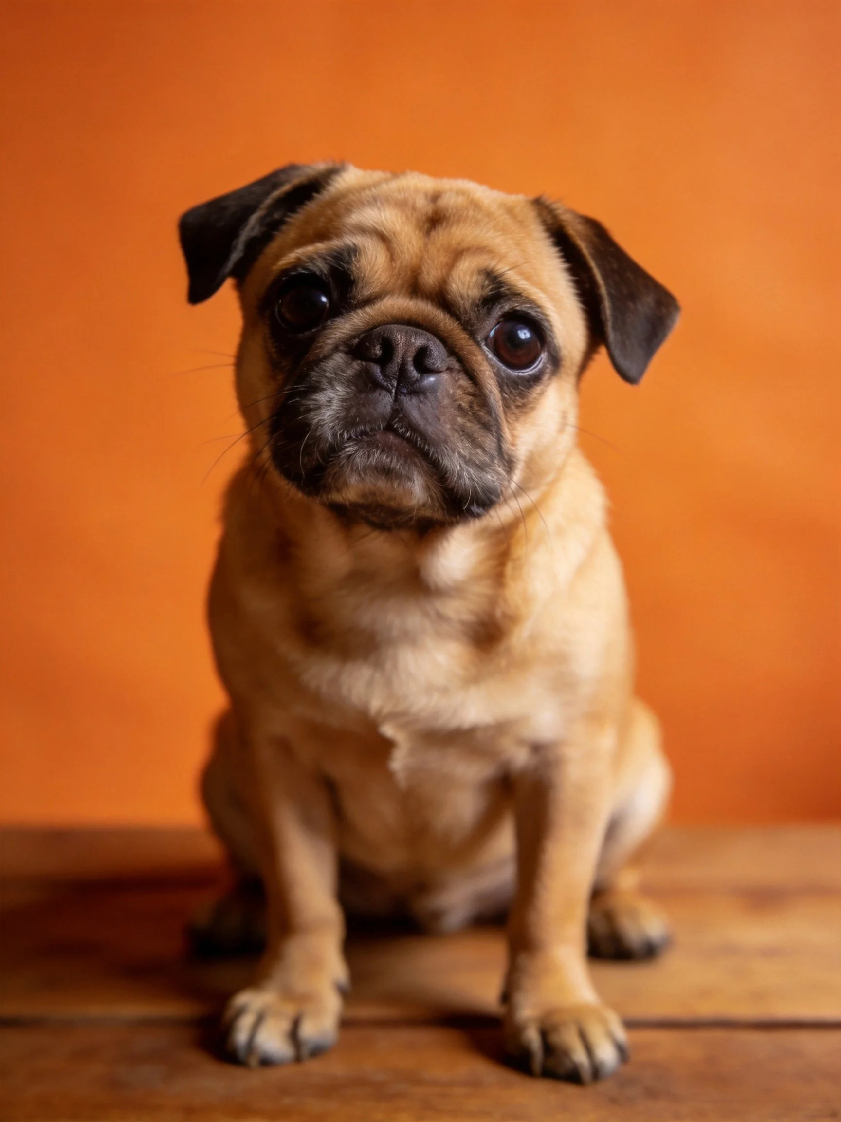 A tan pug sits calmly on wood with an orange background.