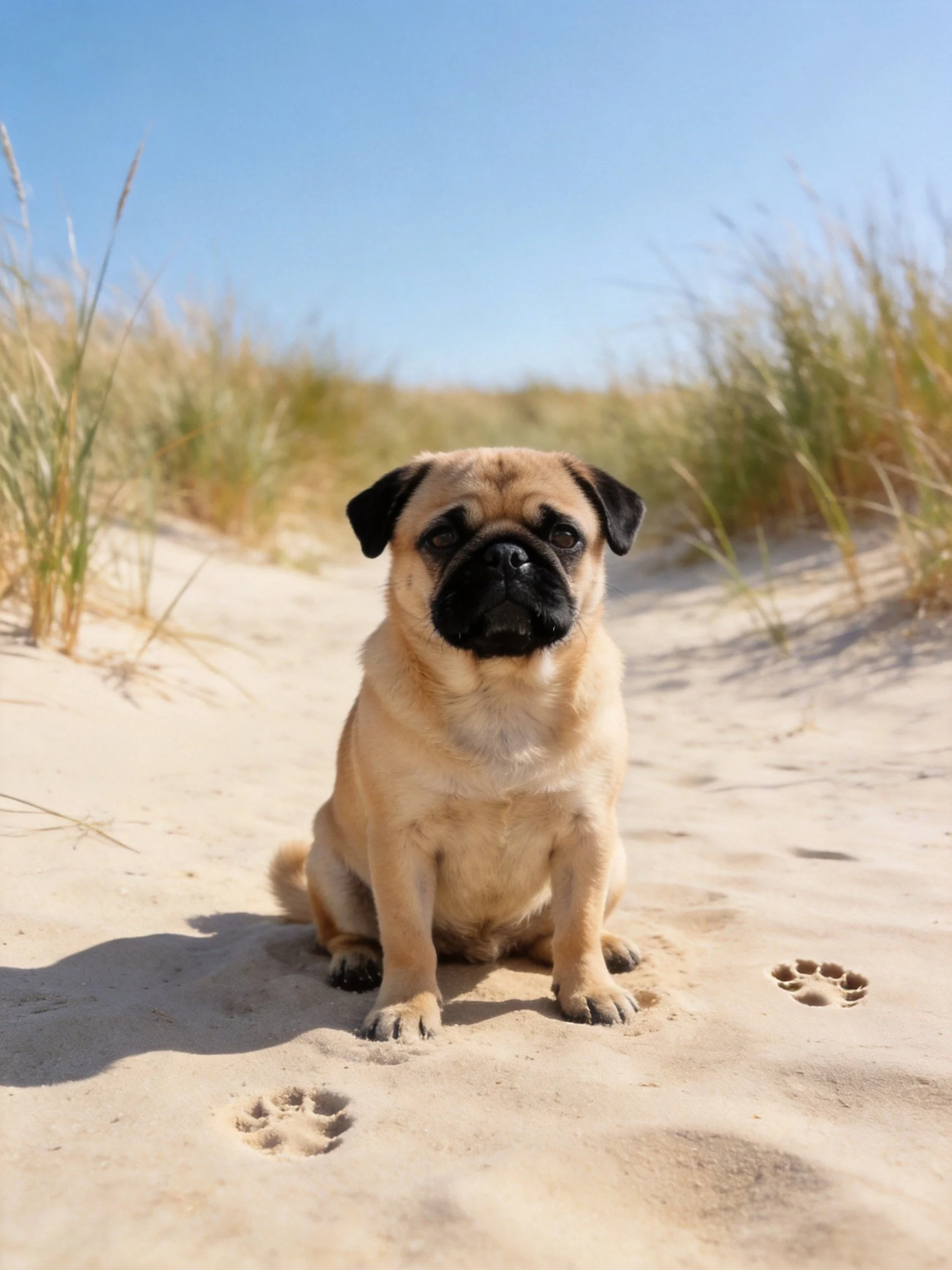 A tan pug sits calmly on sandy ground with grassy surroundings.