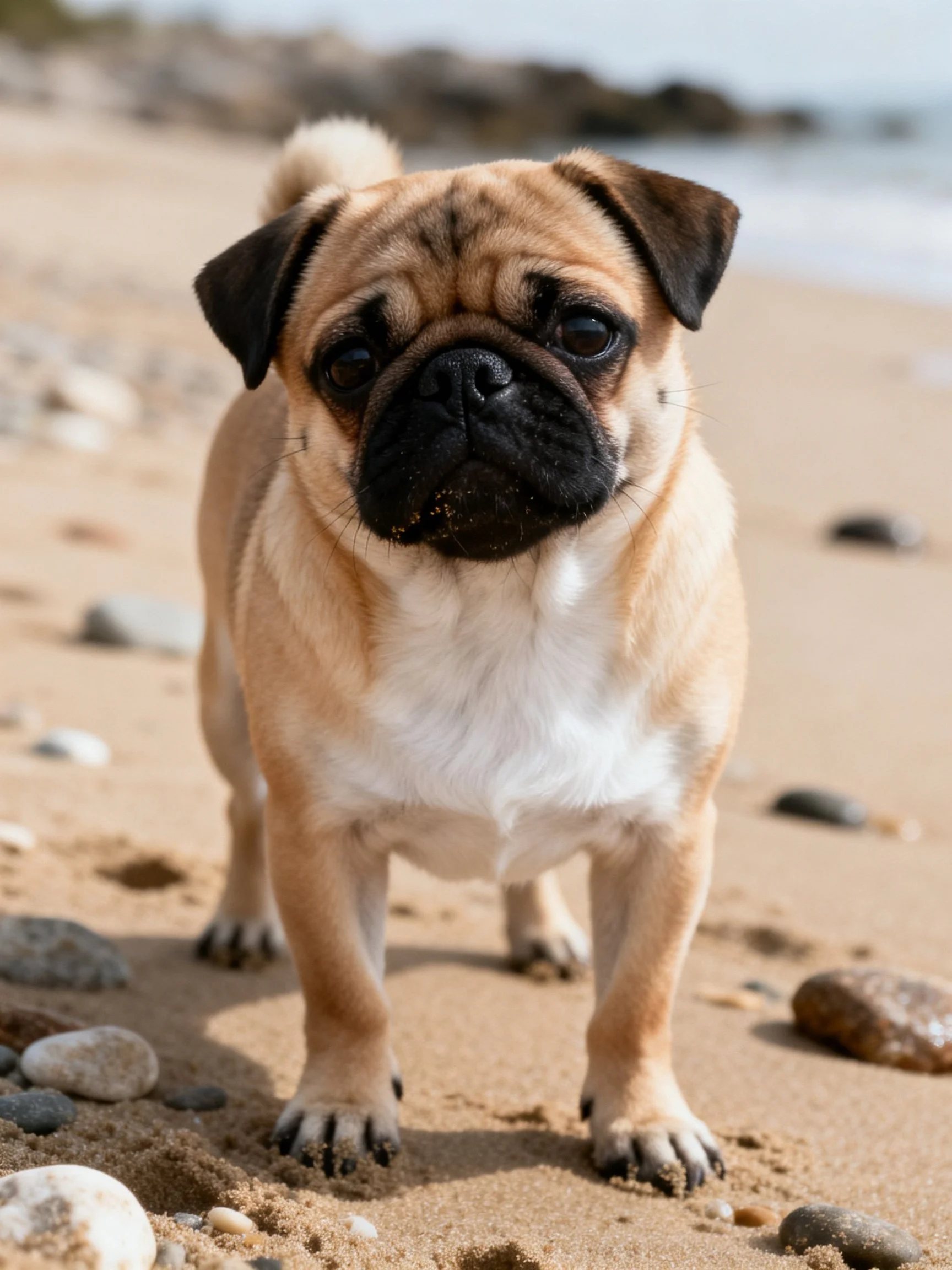 A tan pug stands on a sandy beach near scattered stones.