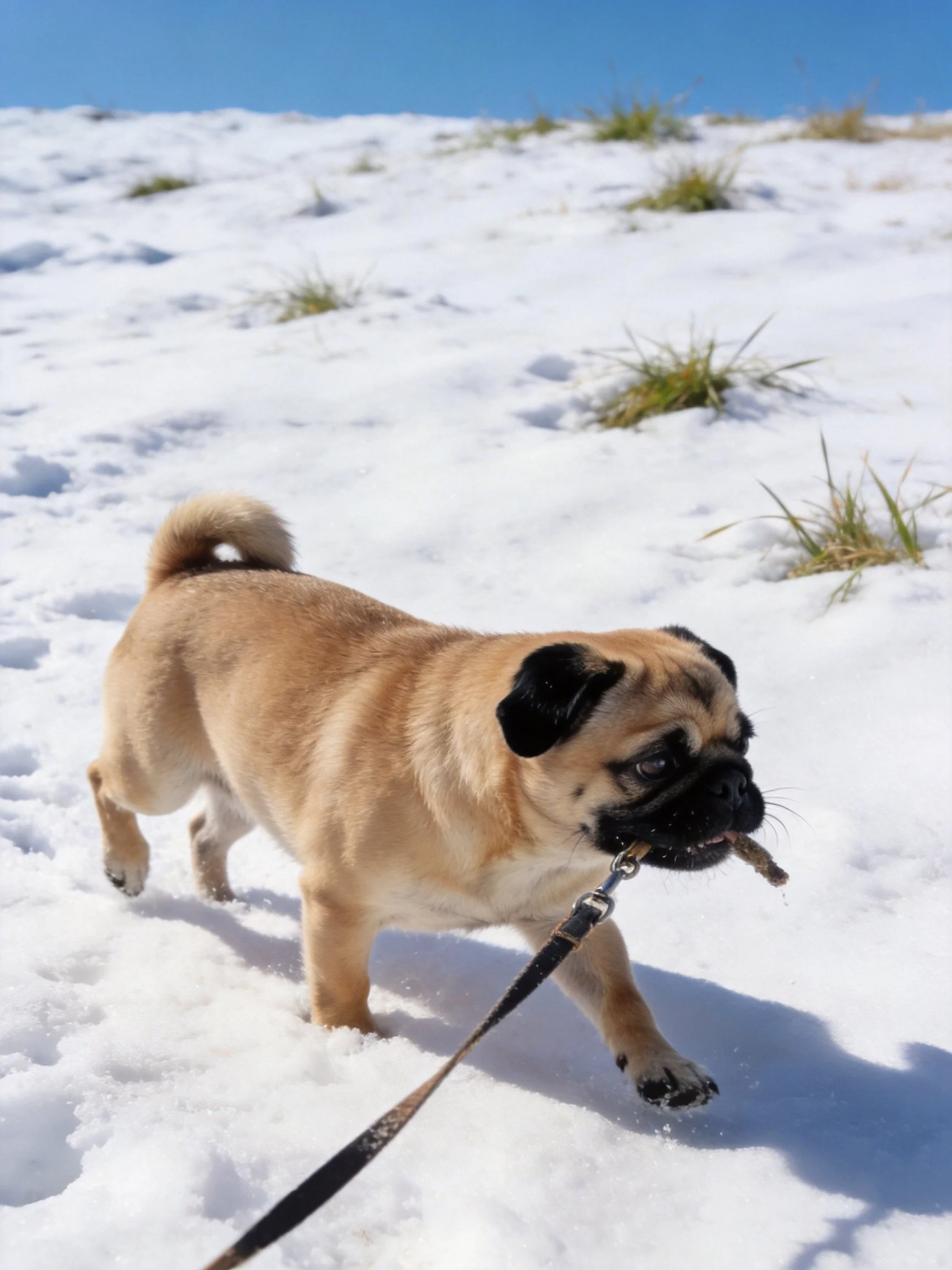 A tan pug carries an item while walking through snow