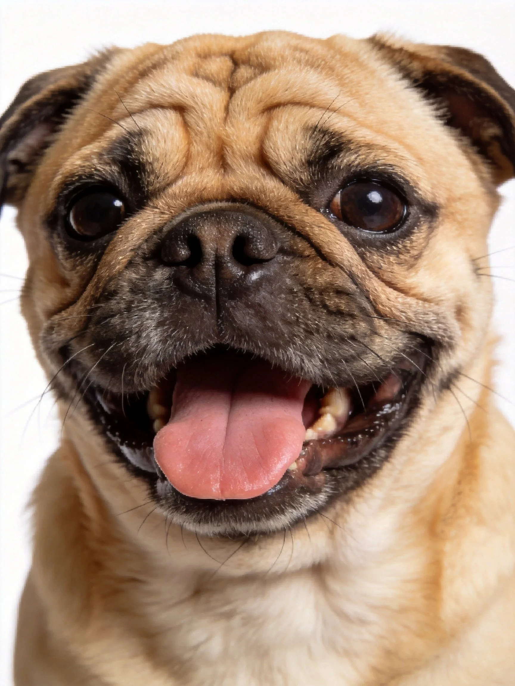 A tan pug with dark facial markings showing joy