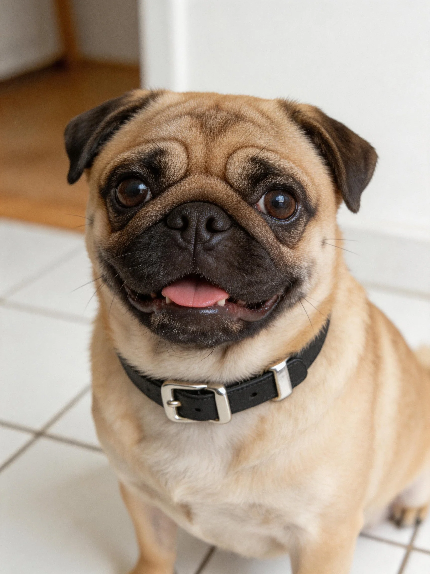 A tan pug with a black collar sits on tiled flooring.