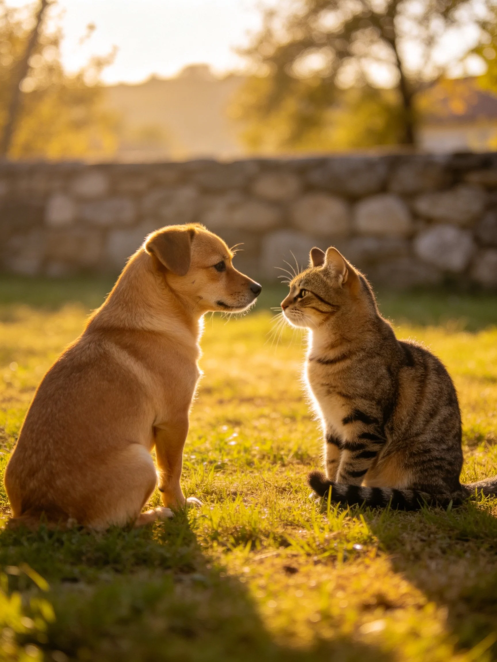 A tan puppy and tabby cat face each other on sunlit grass