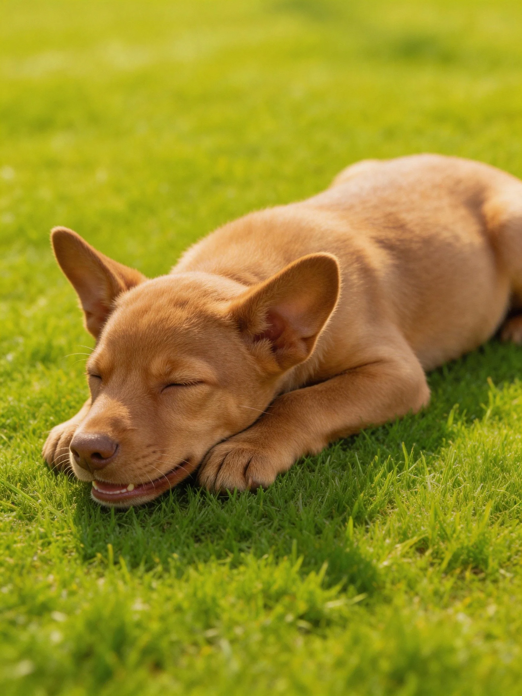 A tan puppy resting peacefully on vibrant green grass