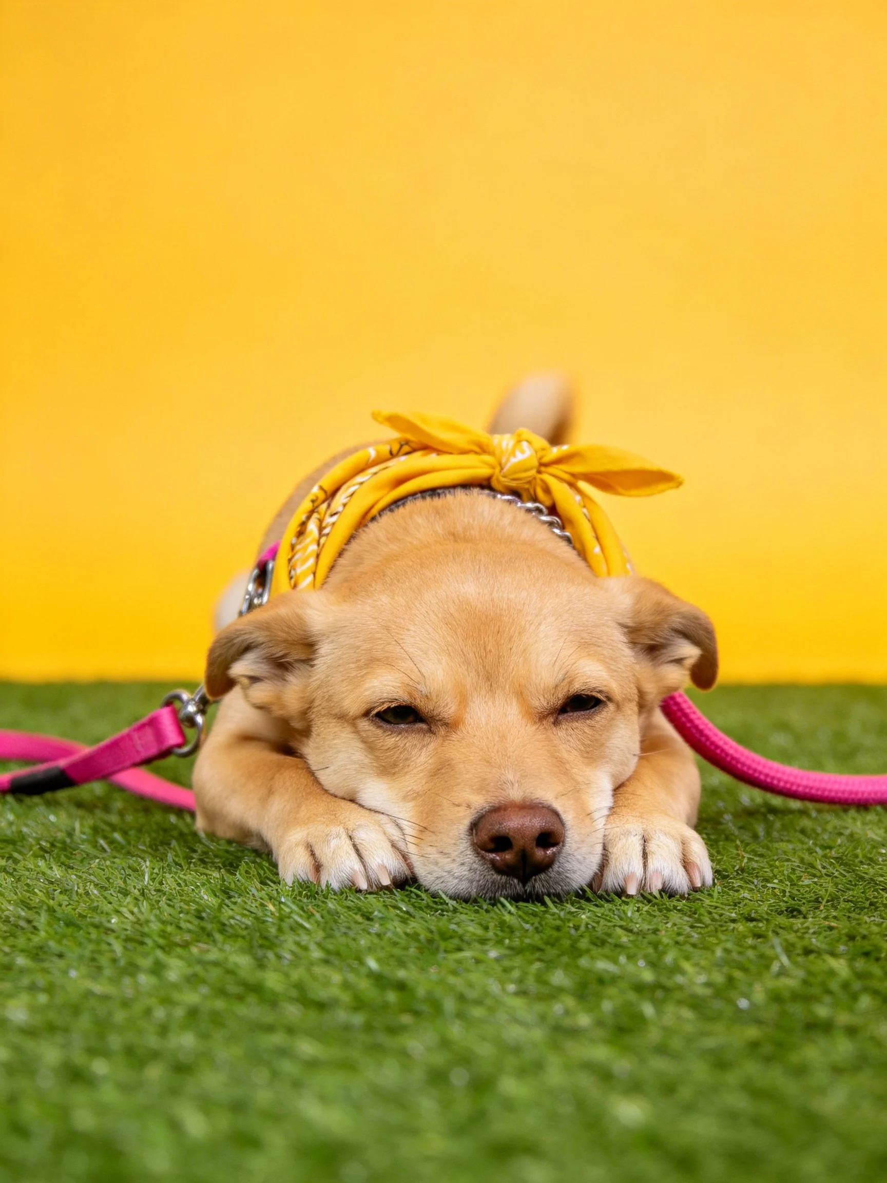 A tan puppy relaxes on green turf while wearing a yellow bandana and connected to a pink leash.