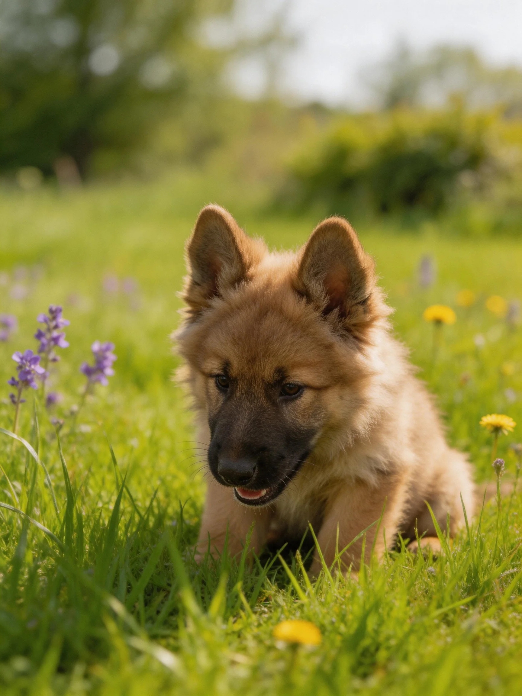 A tan puppy sits in a grassy field with wildflowers.
